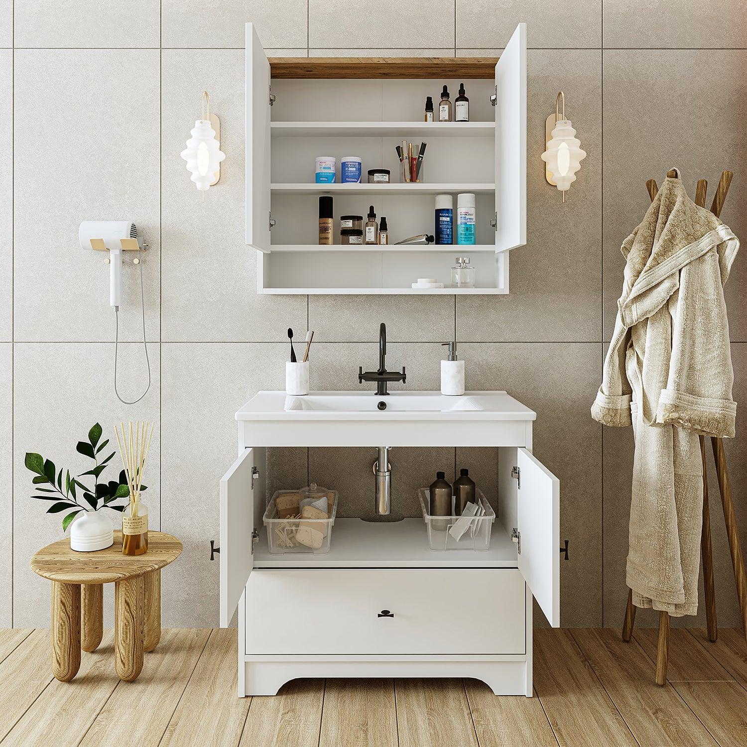 Roomart Aria Banyo Dolabı 2'li Takım + Mobilya Uyumlu Lavabo 85 cm Atlas Çam-Beyaz uygulama örneği