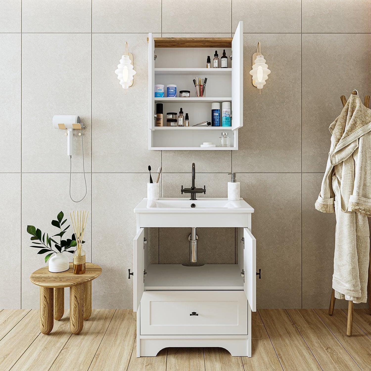 Roomart Aria Banyo Dolabı 2'li Takım + Mobilya Uyumlu Lavabo 65 cm Atlas Çam-Beyaz uygulama örneği