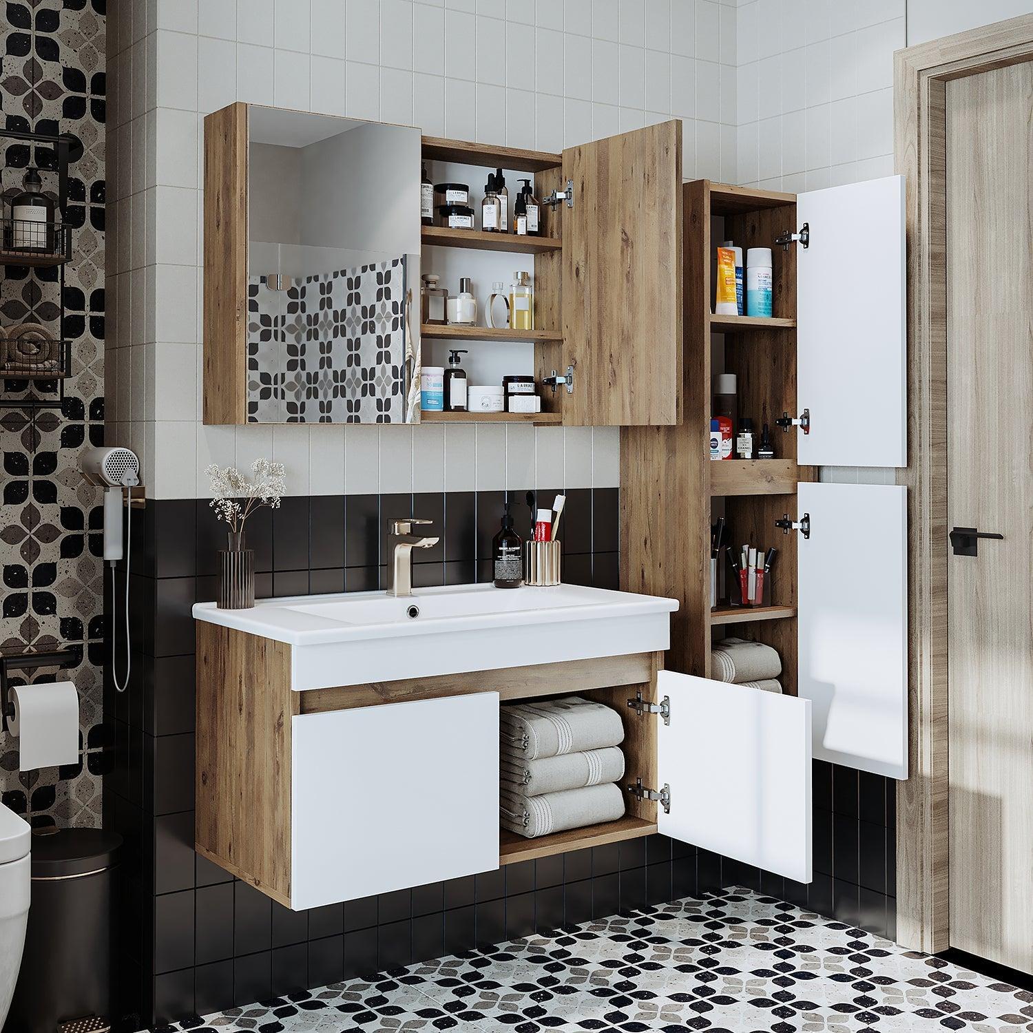 Roomart Atria Lavabolu Banyo Dolabı 3'lü Set 85 cm Atlas Çam-Beyaz uygulama örneği