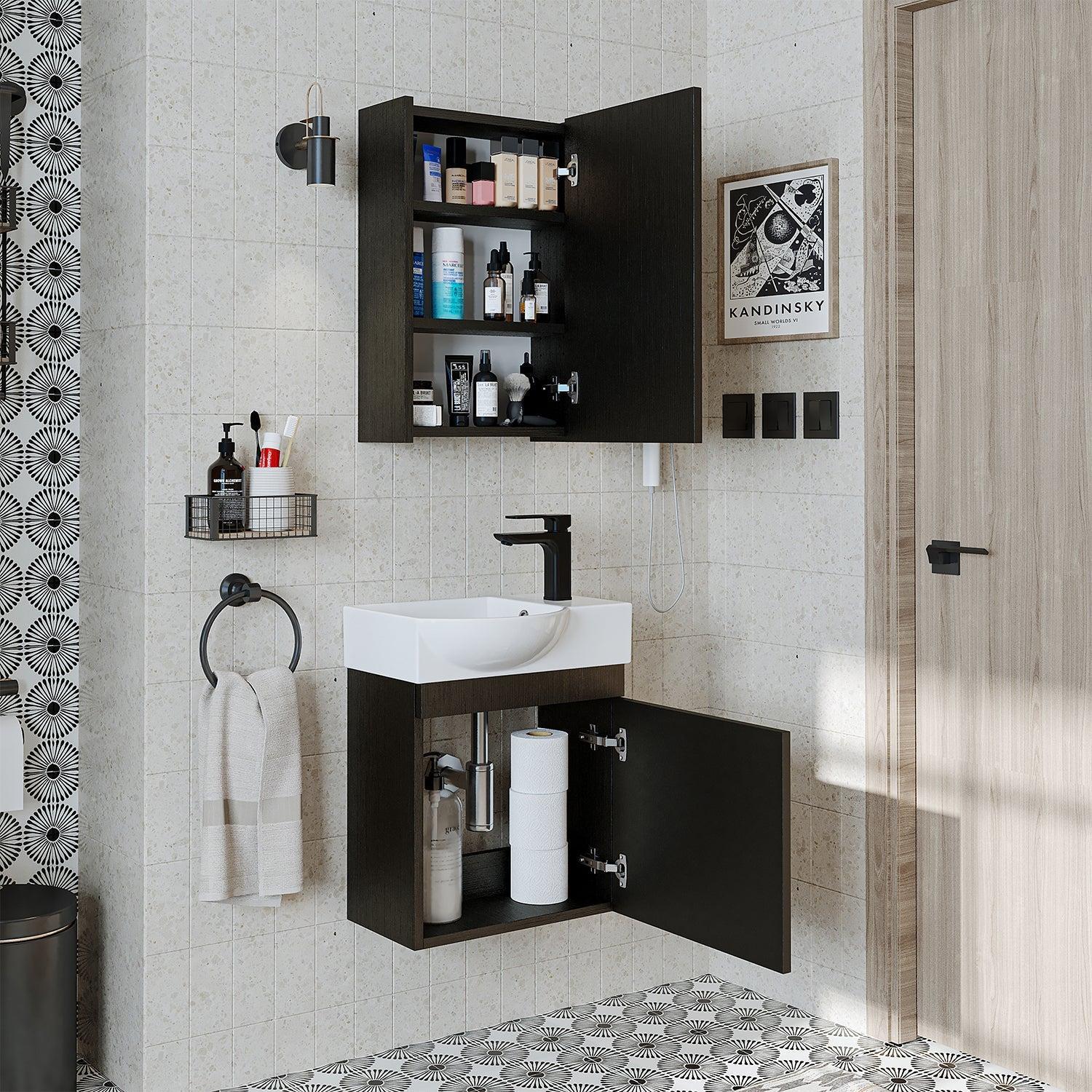Roomart Punto Lavabolu Banyo Dolabı Takımı 2'li Set 46,5 cm Ahşap Dokulu Siyah Aynalı Dolaplı Sağ uygulama örneği