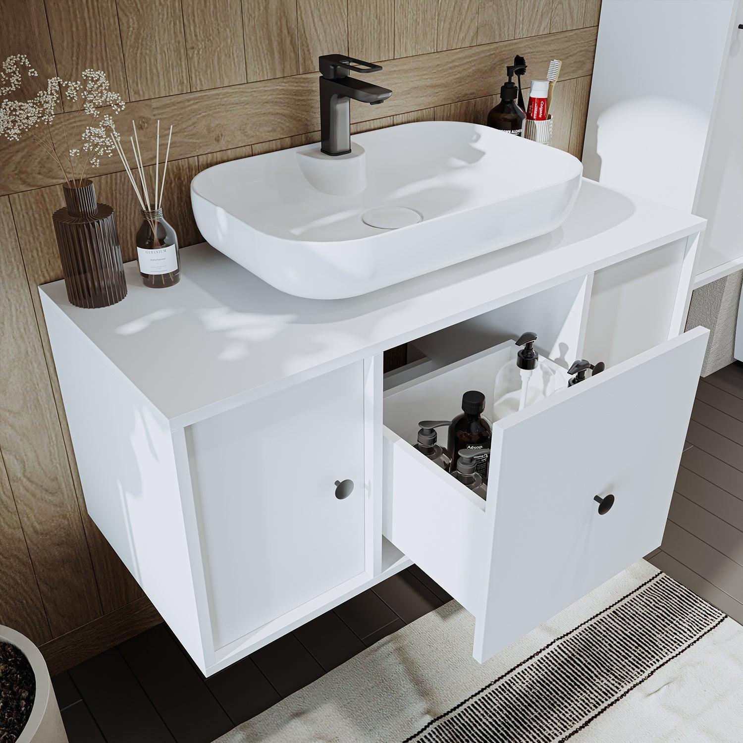 Roomart Gusto Lavabolu Banyo Dolabı + Oval Çanak Lavabo 105 cm Beyaz uygulama örneği
