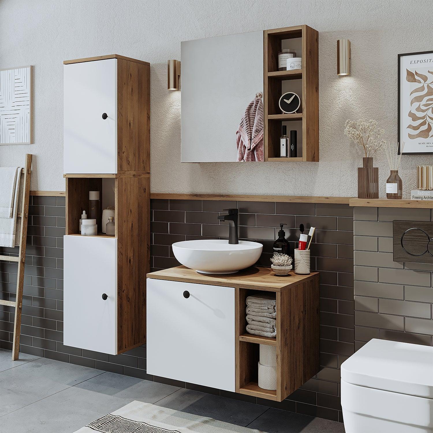 Roomart Lotus Lavabolu Banyo Dolabı 3'lü Set 65 cm Atlas Çam-Beyaz Yuvarlak Çanak Lavabo uygulama örneği