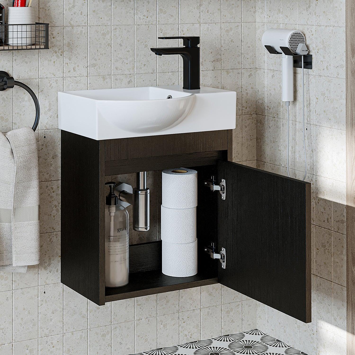 Roomart Leo Lavabolu Banyo Dolabı 46,5 cm Ahşap Dokulu Siyah Sağ uygulama örneği