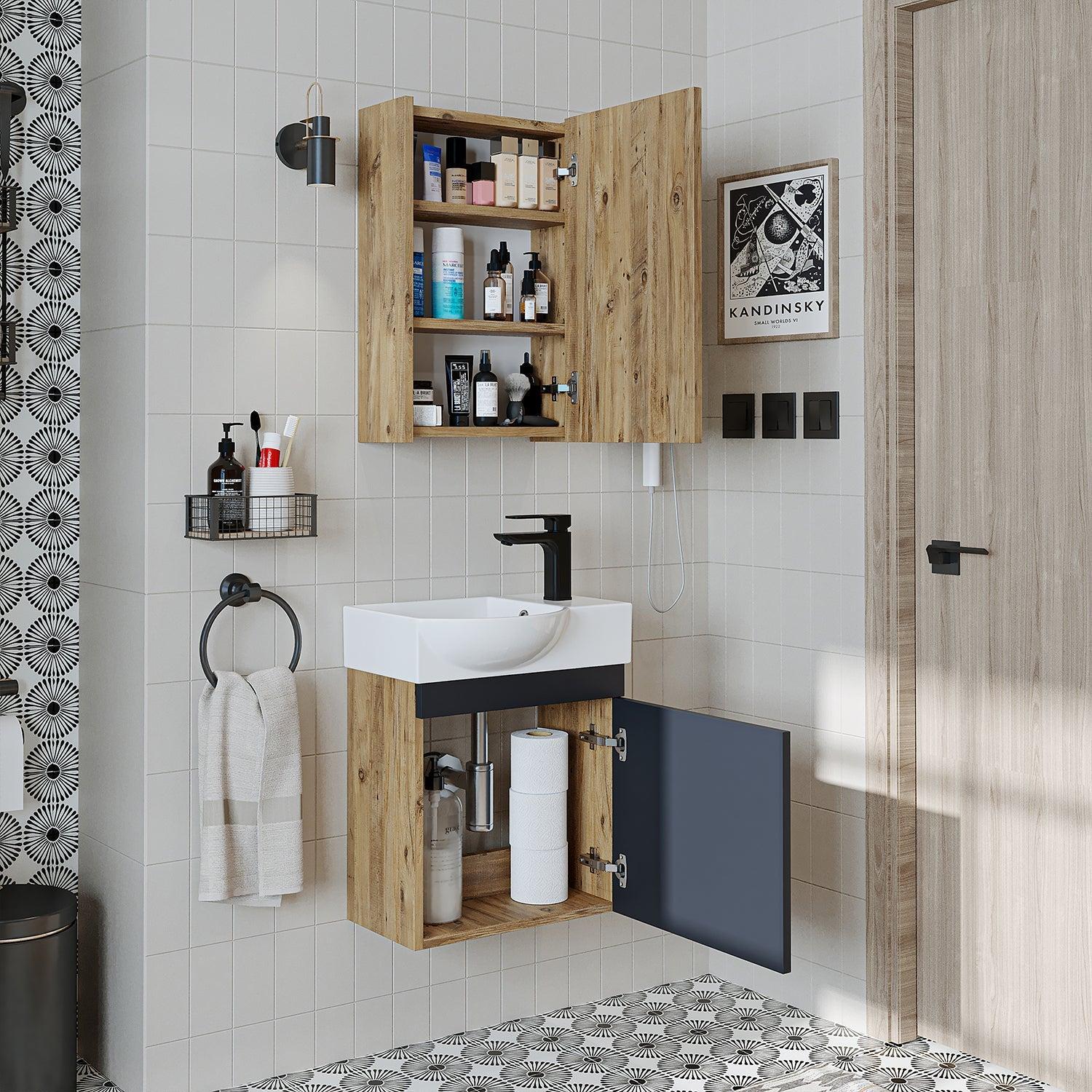 Roomart Punto Lavabolu Banyo Dolabı Takımı 2'li Set 46,5 cm Atlas Çam-Antrasit Aynalı Dolaplı Sağ uygulama örneği