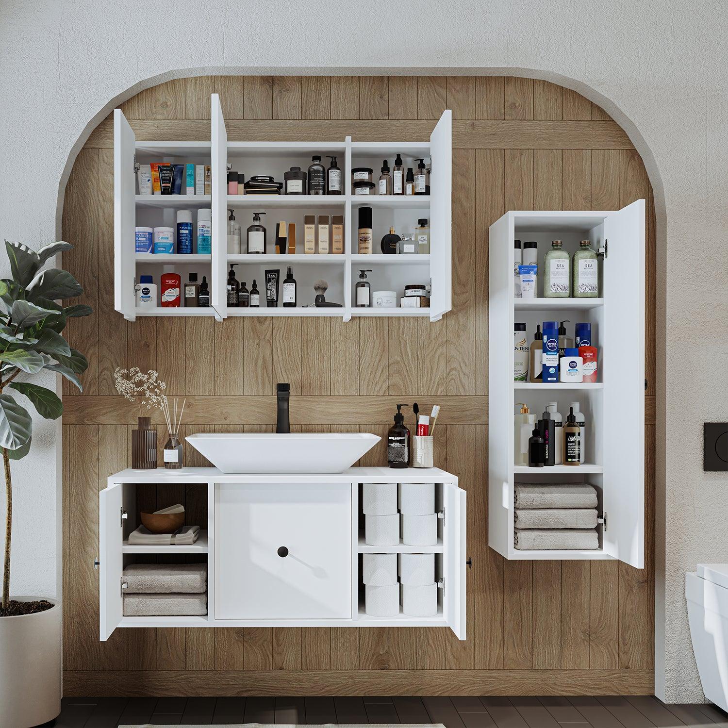 Roomart Gusto Banyo Dolabı 3'lü Set + Dikdörtgen Çanak Lavabo 105 cm Beyaz uygulama örneği
