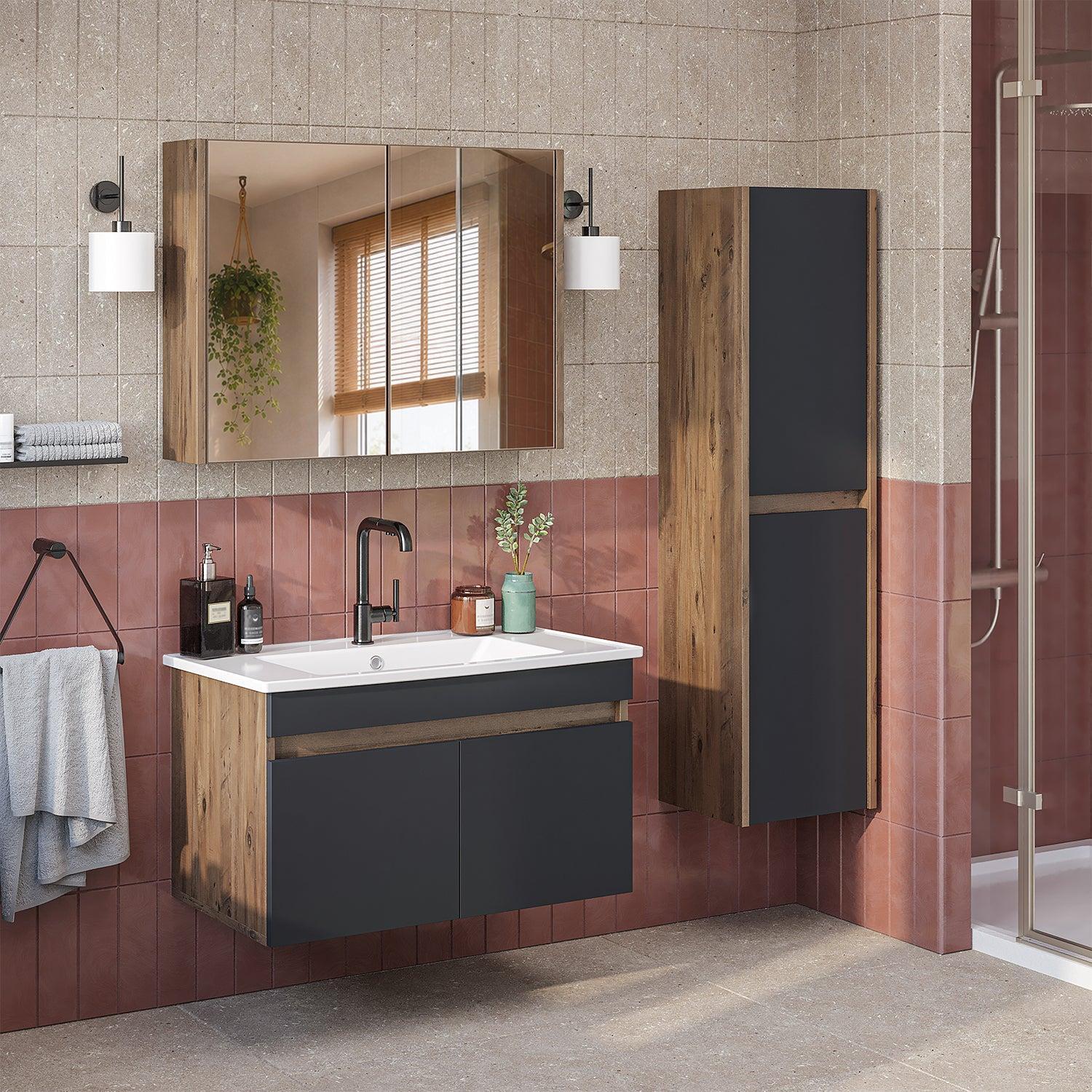 Roomart Atria Lavabolu Banyo Dolabı 3'lü Set 80 cm Atlas Çam-Antrasit uygulama örneği