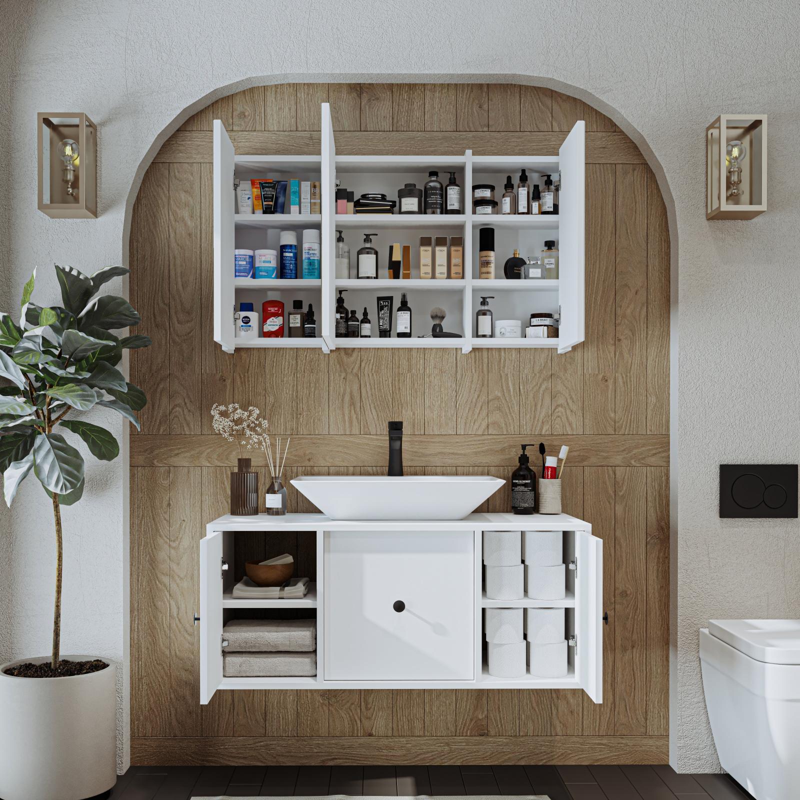 Roomart Gusto Banyo Dolabı 2'li Takım + Dikdörtgen Çanak Lavabo 105 cm Beyaz uygulama örneği