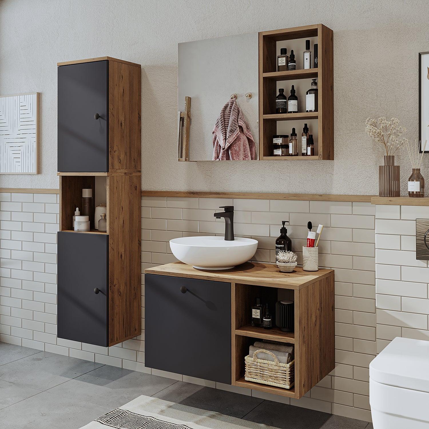 Roomart Lotus Lavabolu Banyo Dolabı 3'lü Set 75 cm Atlas Çam-Antrasit Yuvarlak Çanak Lavabo uygulama örneği