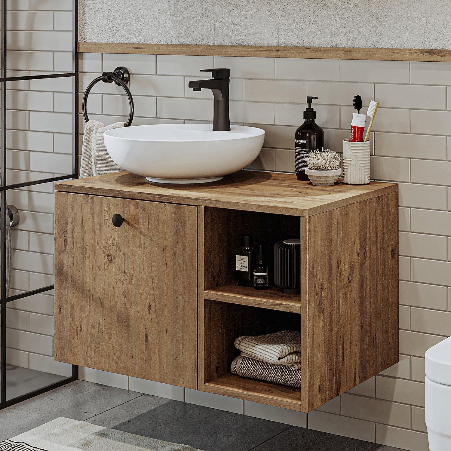 Roomart Lotus Lavabolu Banyo Dolabı + Yuvarlak Çanak Lavabo 75 cm Atlas Çam uygulama örneği