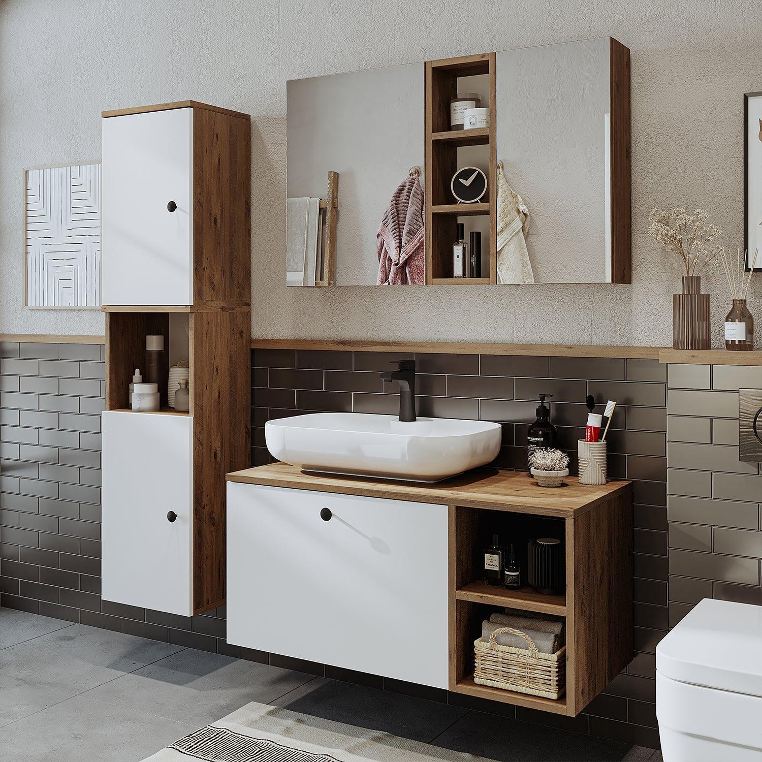 Roomart Lotus Banyo Dolabı Lavabolu 3'lü Seti 95 cm Atlas Çam-Beyaz Oval Çanak Lavabo uygulama örneği