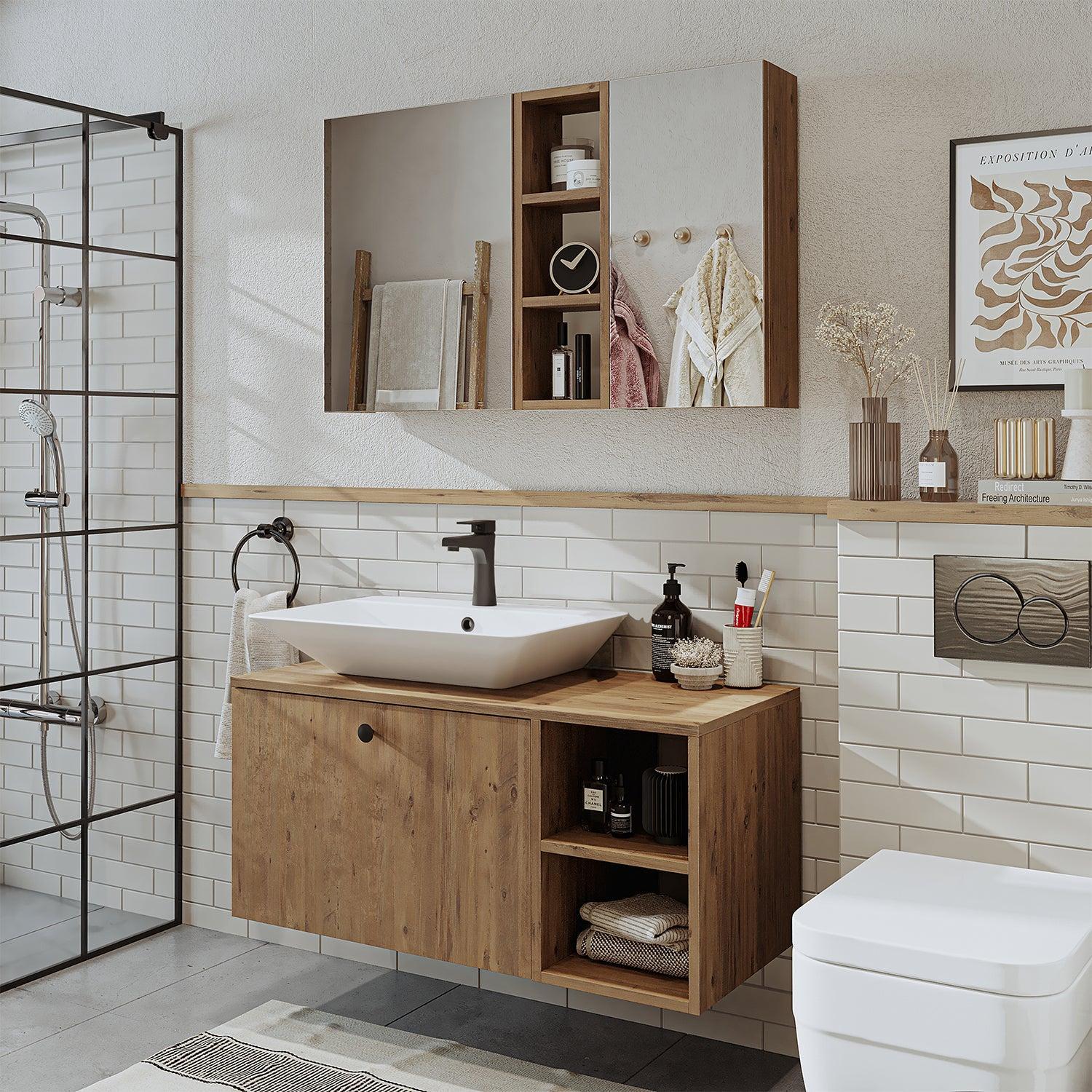 Roomart Lotus Banyo Dolabı 2'li Takım + Dikdörtgen Çanak Lavabo 95 cm Atlas Çam uygulama örneği