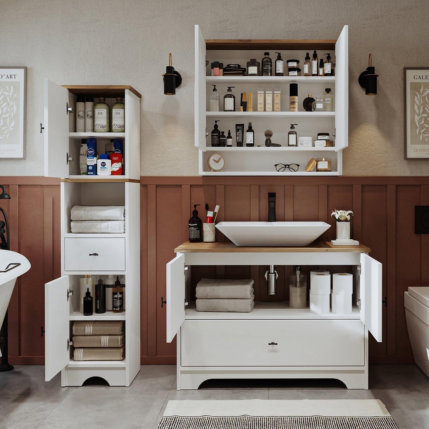 Roomart Aria Lavabolu Banyo Dolabı 3'lü Set 100 cm Atlas Çam-Beyaz Dikdörtgen Çanak Lavabo uygulama örneği
