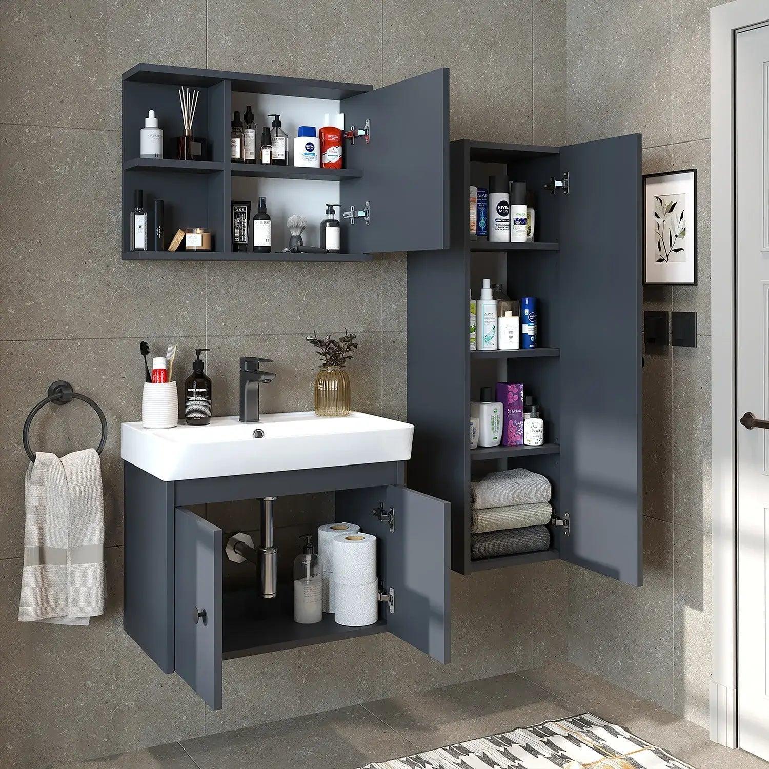 Roomart Ada Lavabolu Banyo Dolabı 3'lü Set 60 cm Antrasit uygulama örneği