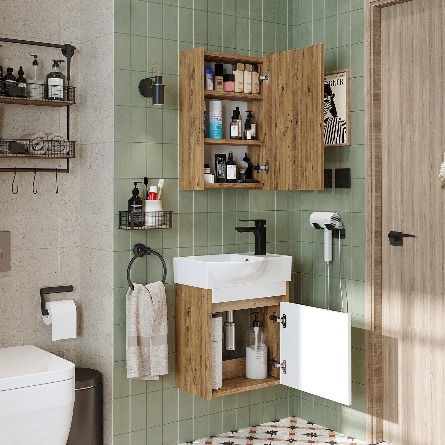 Roomart Leo Lavabolu Banyo Dolabı 2'li Set 46,5 cm Atlas Çam-Beyaz Sağ uygulama örneği