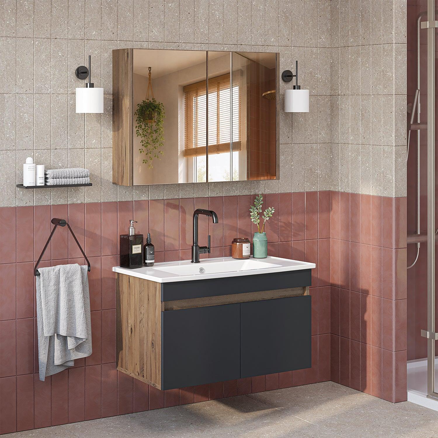 Roomart Atria Lavabolu Banyo Dolabı 2'li Set 80 cm Atlas Çam-Antrasit uygulama örneği