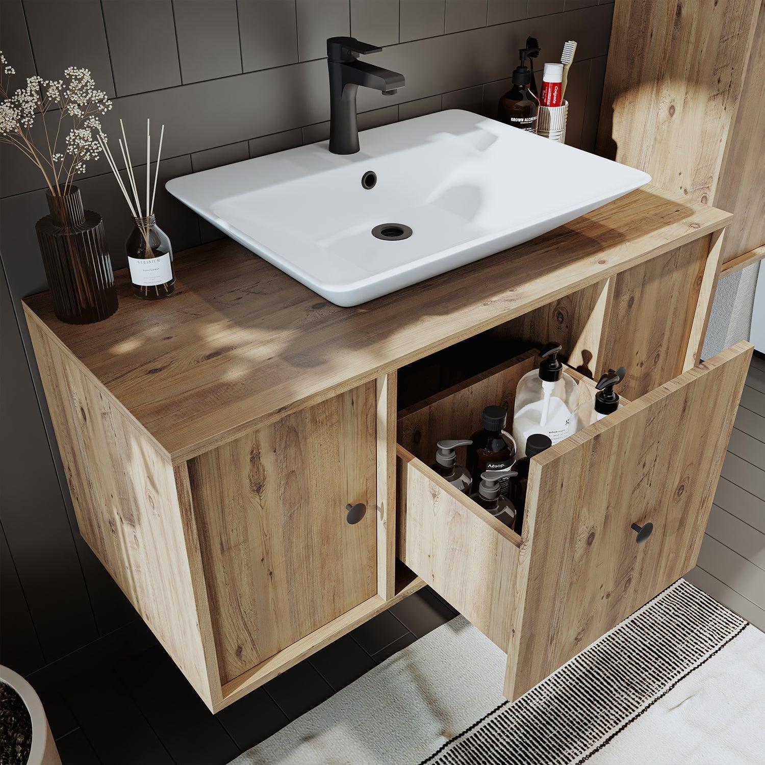 Roomart Gusto Lavabolu Banyo Dolabı + Dikdörtgen Çanak Lavabo 105 cm Atlas Çam uygulama örneği