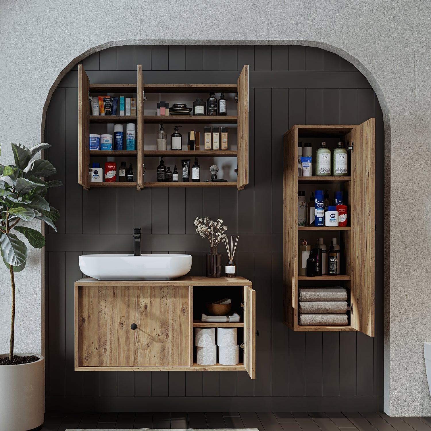 Roomart Gusto Banyo Dolabı 3'lü Set + Oval Çanak Lavabo 90 cm Atlas Çam uygulama örneği