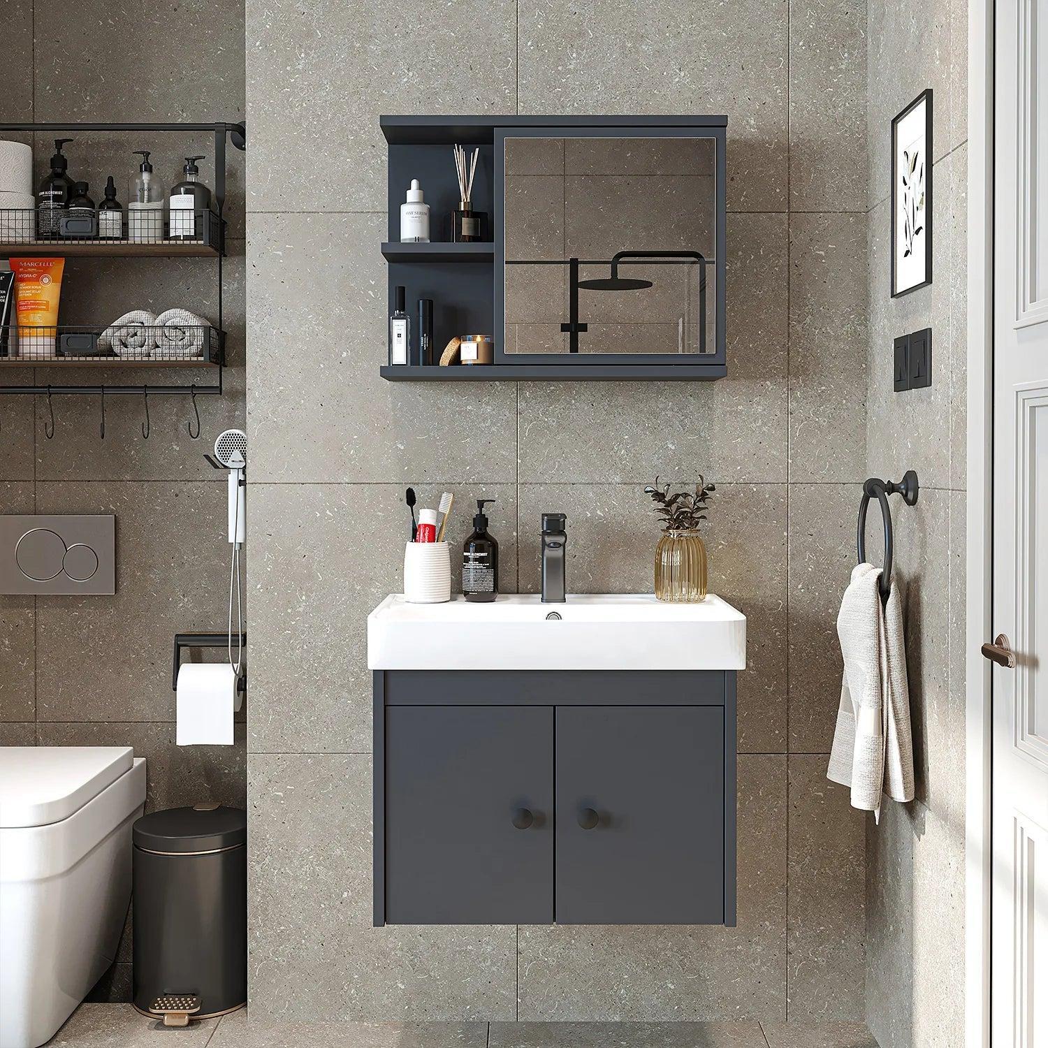 Roomart Ada Lavabolu Banyo Dolabı 2'li Set 60 cm Antrasit uygulama örneği
