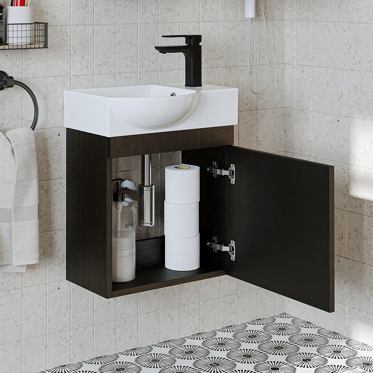 Roomart Punto Lavabolu Banyo Dolabı 46,5 cm Ahşap Dokulu Siyah Sağ uygulama örneği