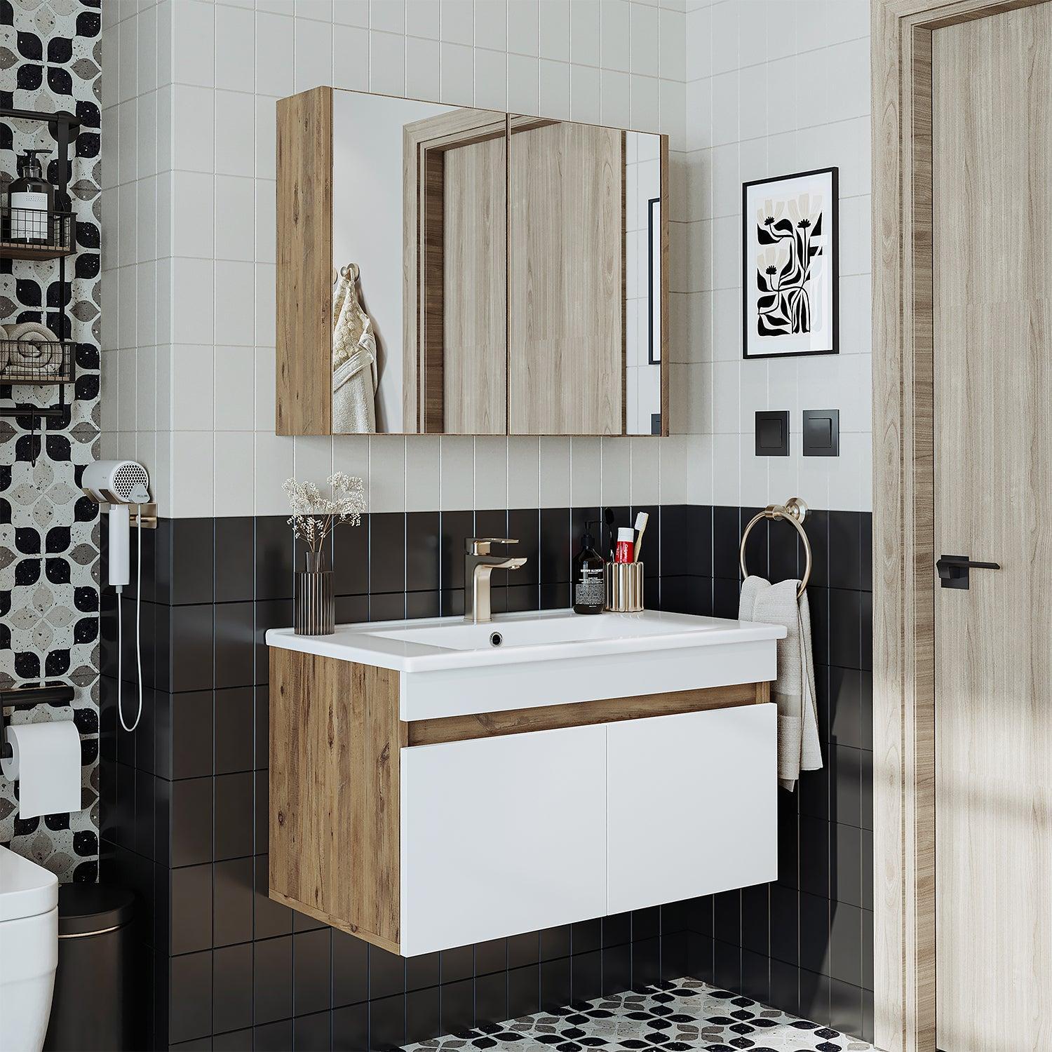 Roomart Atria Lavabolu Banyo Dolabı 2'li Set 85 cm Atlas Çam-Beyaz uygulama örneği