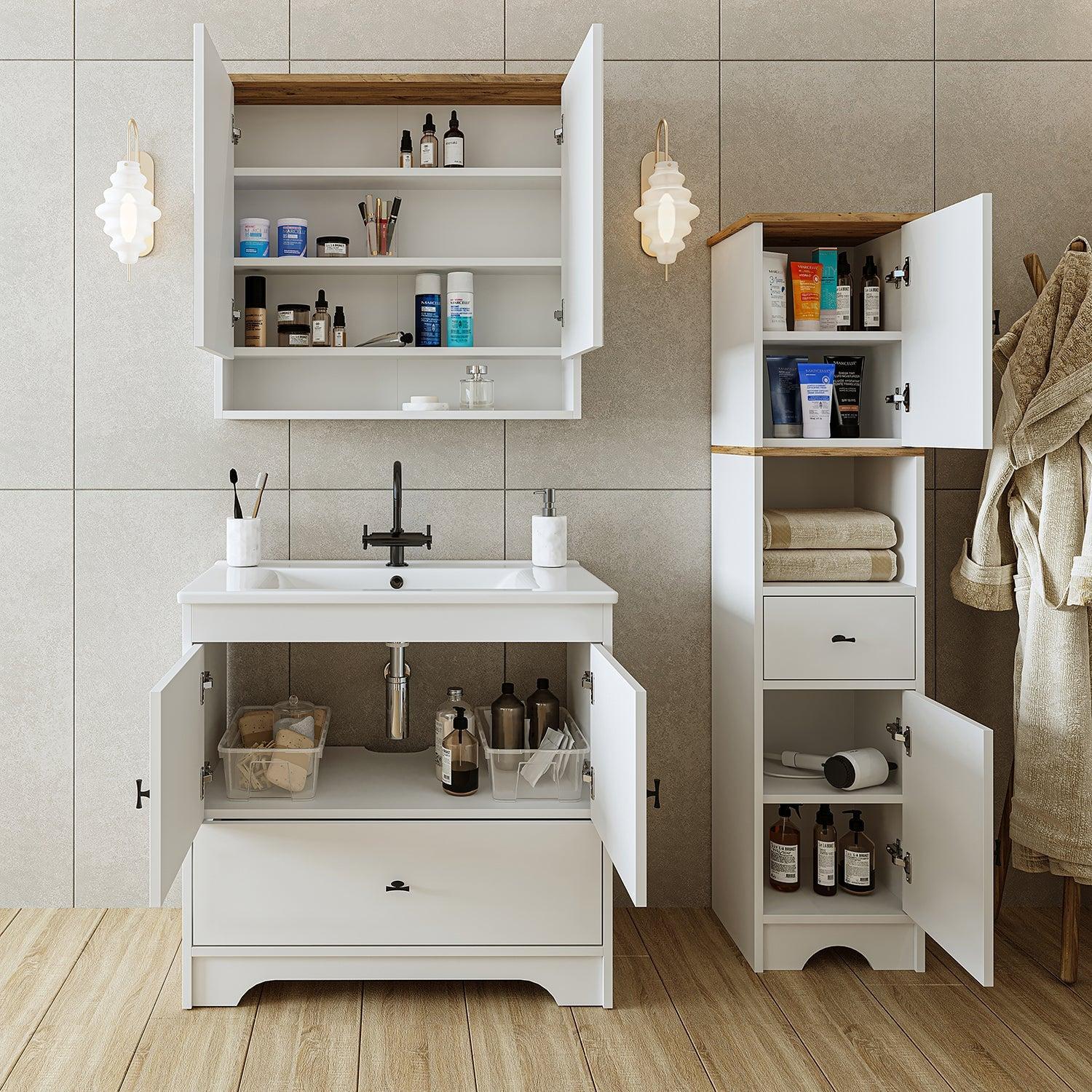 Roomart Aria Lavabolu Banyo Dolabı 3'lü Set 85 cm Atlas Çam-Beyaz Mobilya Uyumlu Lavabo uygulama örneği