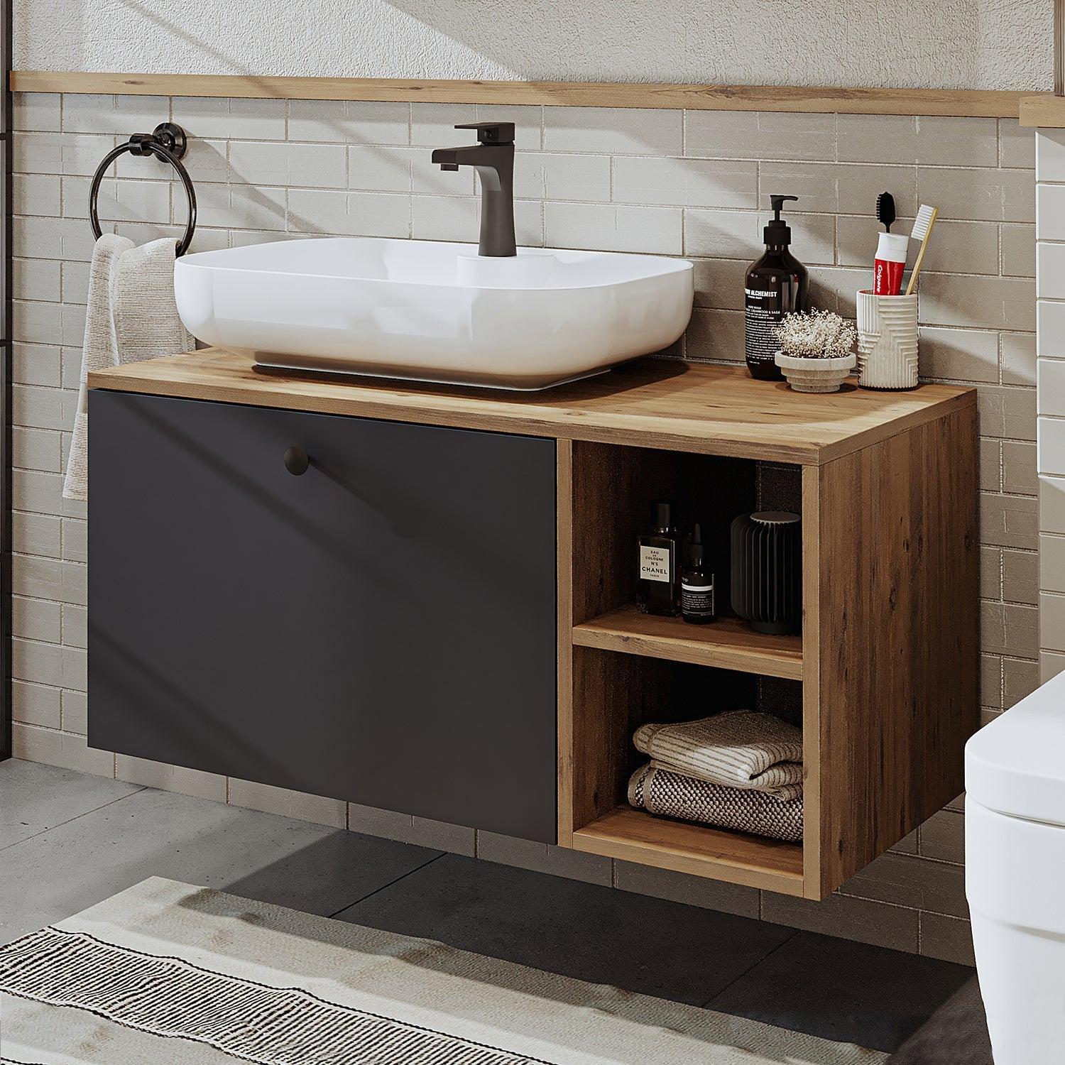Roomart Lotus Lavabolu Banyo Dolabı + Oval Çanak Lavabo 95 cm Atlas Çam-Antrasit uygulama örneği