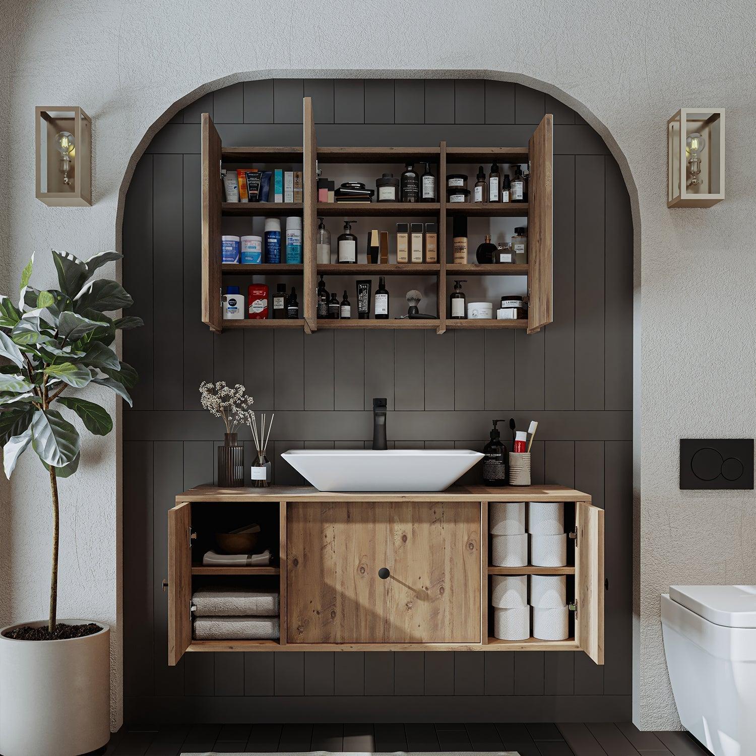 Roomart Gusto Banyo Dolabı 2'li Takım + Dikdörtgen Çanak Lavabo 120 cm Atlas Çam uygulama örneği