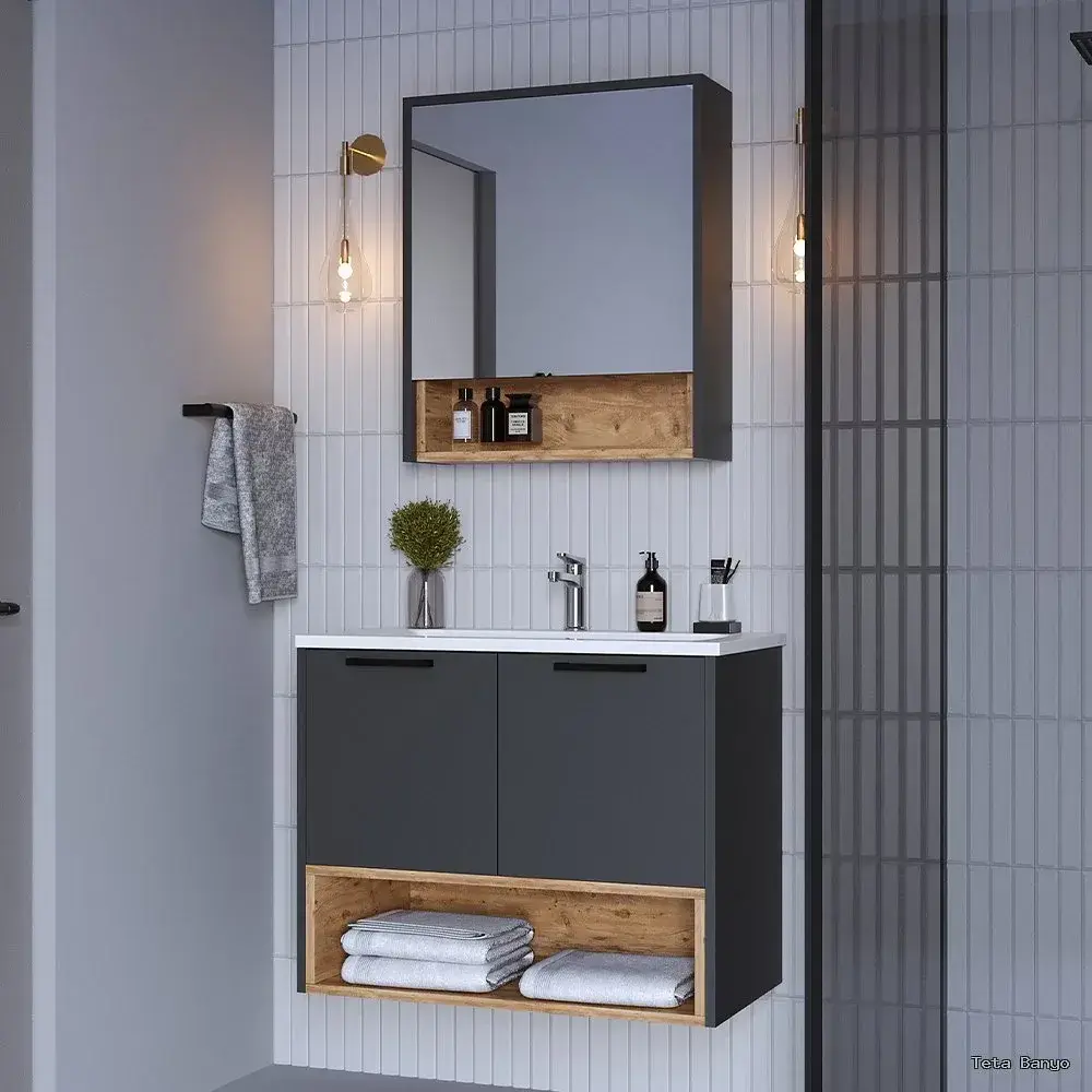 Teta Home Suva Banyo Dolabı Seti 65x43,5x60 cm Antrasit-Atlantik Çam uygulama örneği