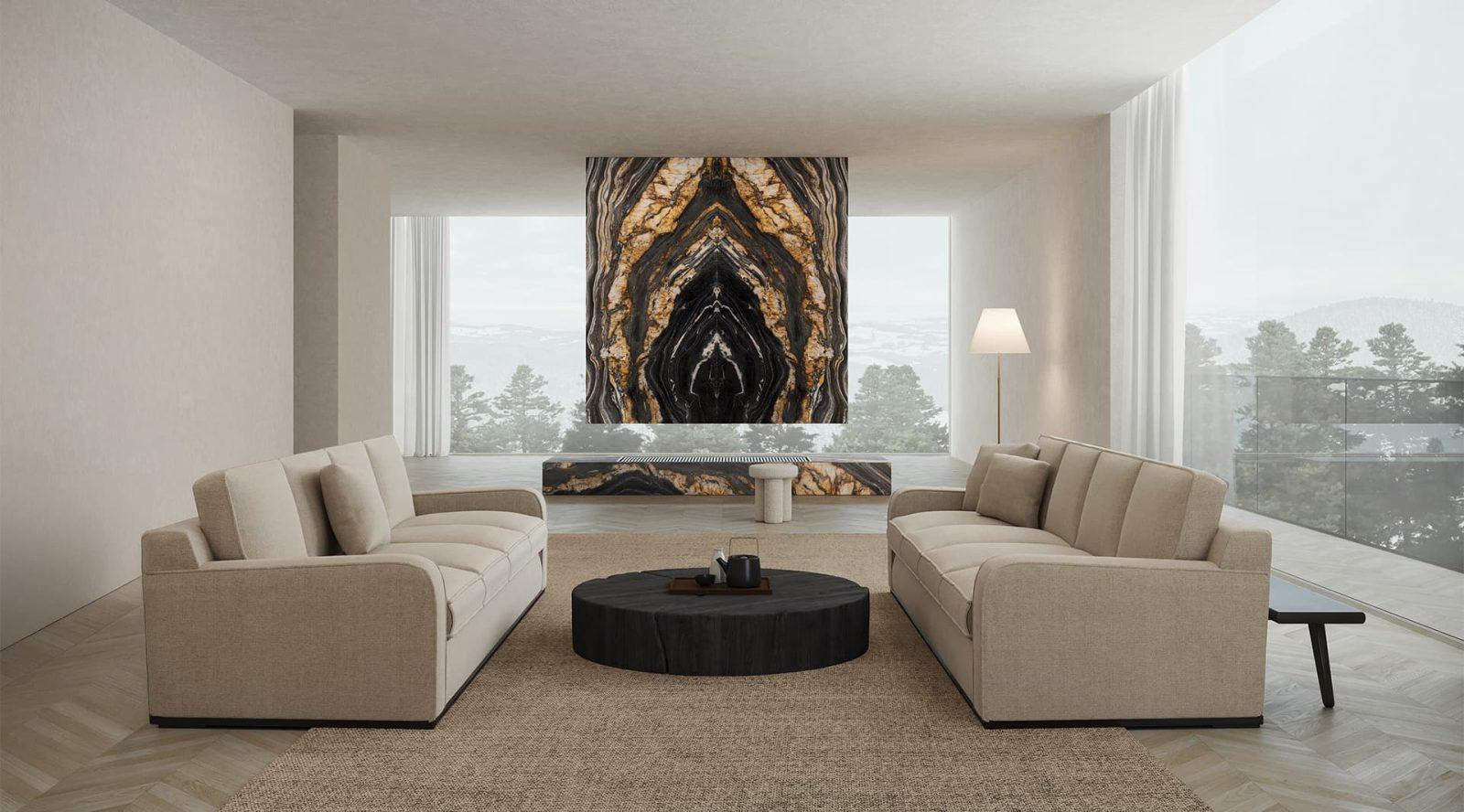 Anatolia 160x320 Majesto Oro Noir Sinterlenmiş Plaka Rektifiye Parlak uygulama örneği
