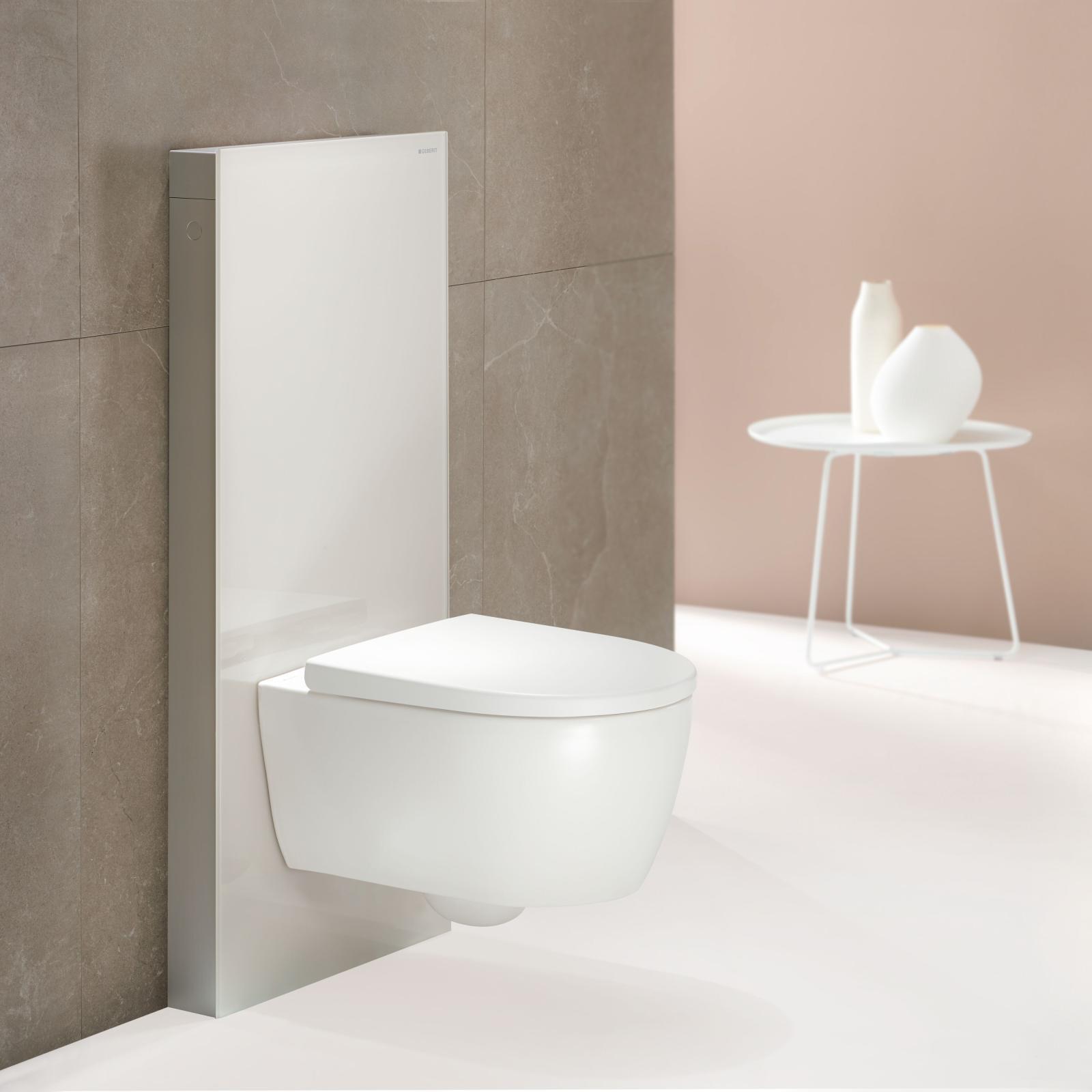 Geberit Asma klozet için Monolith Plus sıhhi modülü, ön 50,5x10,6x114 cm Ön: lav rengi / Cam / Yan kaplama: siyah / Fırçalanmış alüminyum uygulama örneği