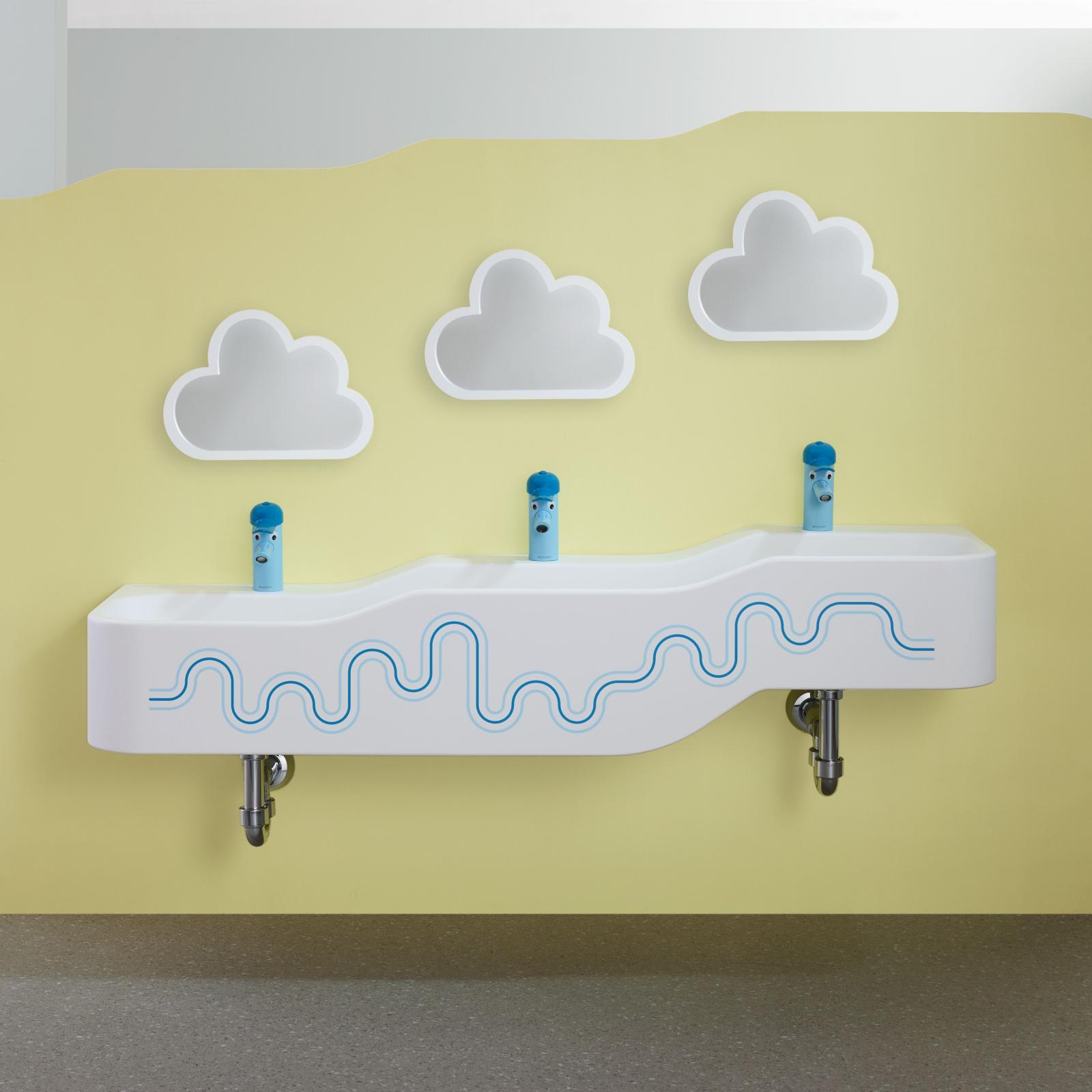 Geberit Bambini lavabo bataryası, tek kollu batarya 5,6x13x14,5 cm açık mavi / toz boya kaplı / Muhafaza: okyanus mavisi uygulama örneği