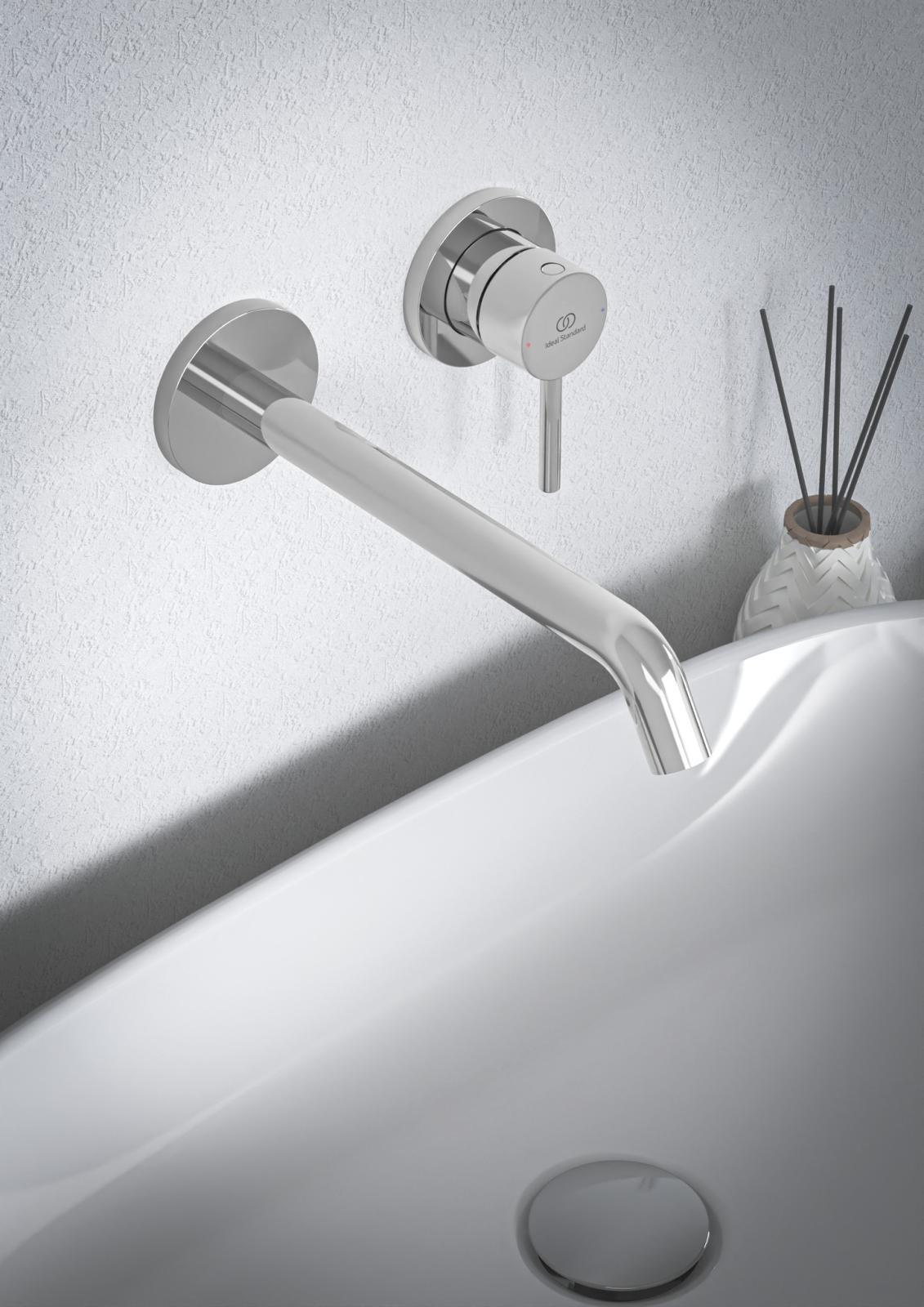 Ideal Standard Ceraline Nuovo Duvara Monte Lavabo Armatürü 175x229x102.5 mm, 220 mm çıkış ucu projeksiyonu, Kit 1 gerekli (A1313), sifon kumandasız Krom uygulama örneği