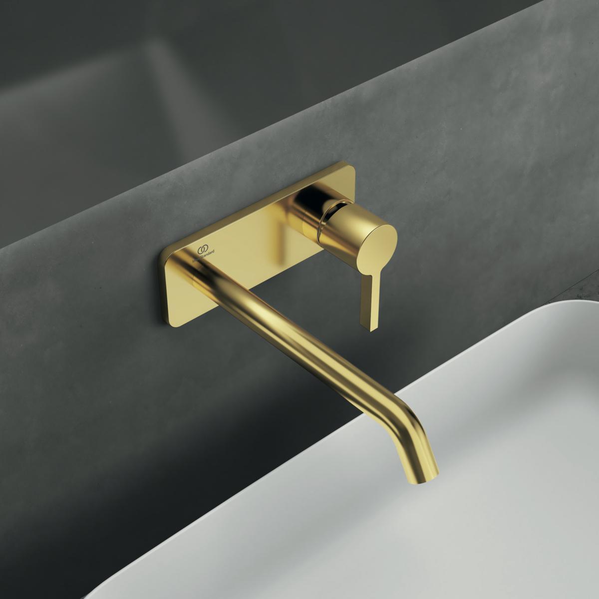 Ideal Standard Joy Duvara Monte Lavabo Armatürü 175x105.5 mm, 220 mm çıkış ucu projeksiyonu, Kit 1 gerekli (A1313), 5 l/dk (3 bar), sifon kumandasız Fırçalanmış Altın A7381A2 uygulama örneği
