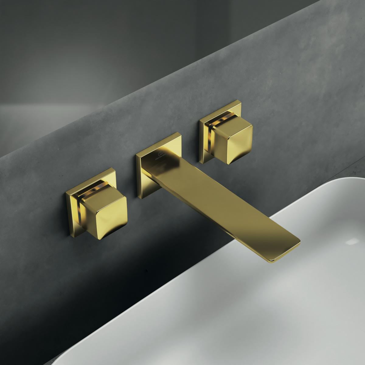 Ideal Standard Conca Çift Kontrollü Lavabo Bataryası 265x210x65 mm, 180 mm çıkış ucu projeksiyonu, Kit 1 dahil, 5 l/dk (3 bar), sifon kumandasız Fırçalanmış Altın uygulama örneği