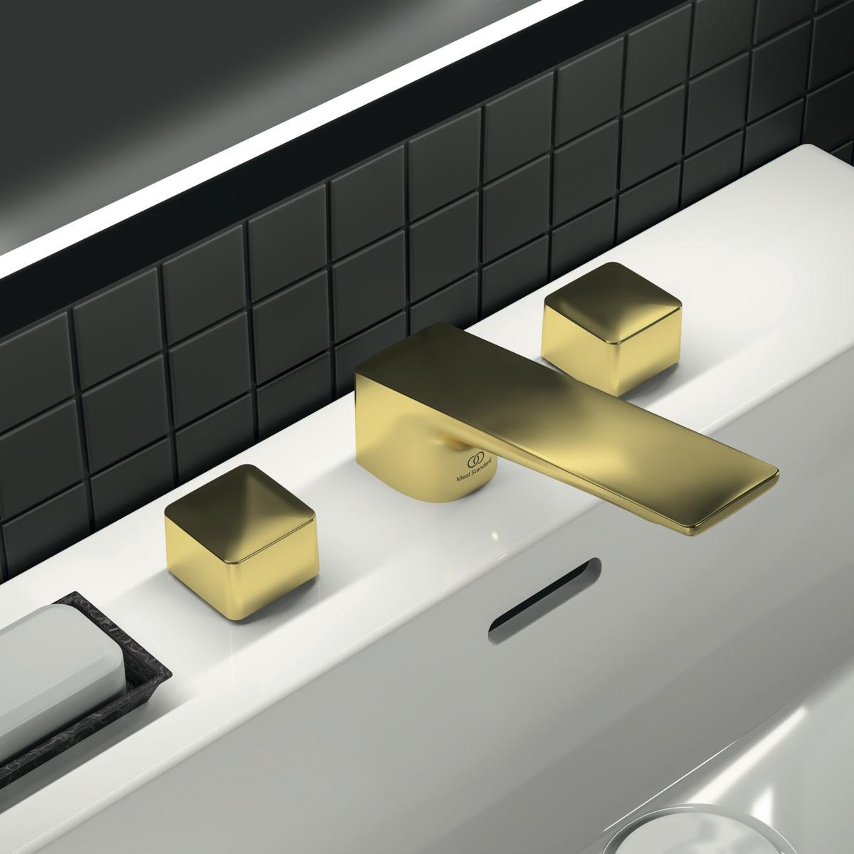 Ideal Standard Conca Çift Kontrollü Lavabo Bataryası 202x83 mm, 133 mm çıkış ucu projeksiyonu, 5 l/dk (3 bar), sifon kumandalı Fırçalanmış Altın uygulama örneği