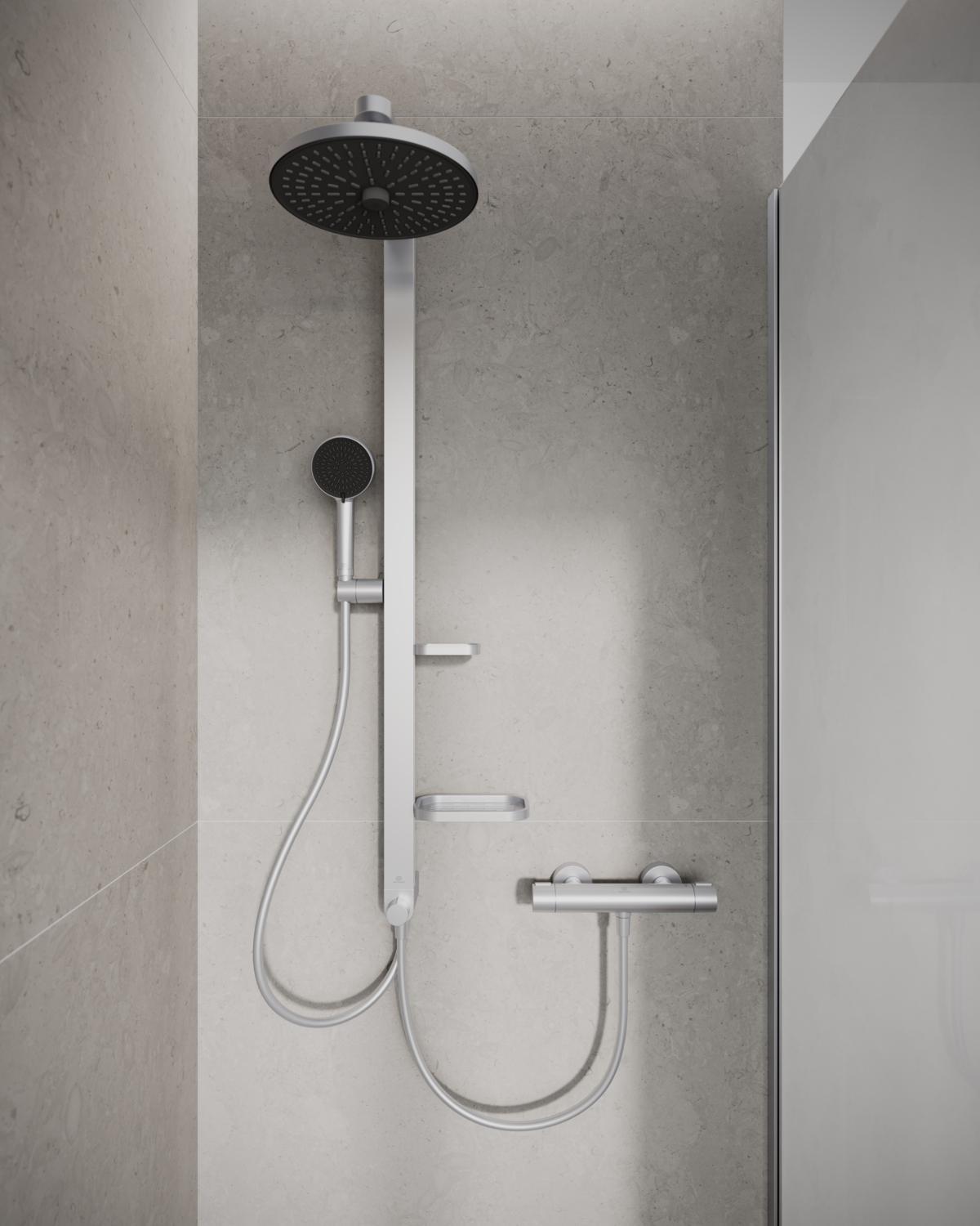 Ideal Standard Ceratwist Alu+ Aplike Duş Bataryası Dahil Duş Sistemi 338x501x1104 mm, 12.0 l/dk (3 bar) Krom uygulama örneği