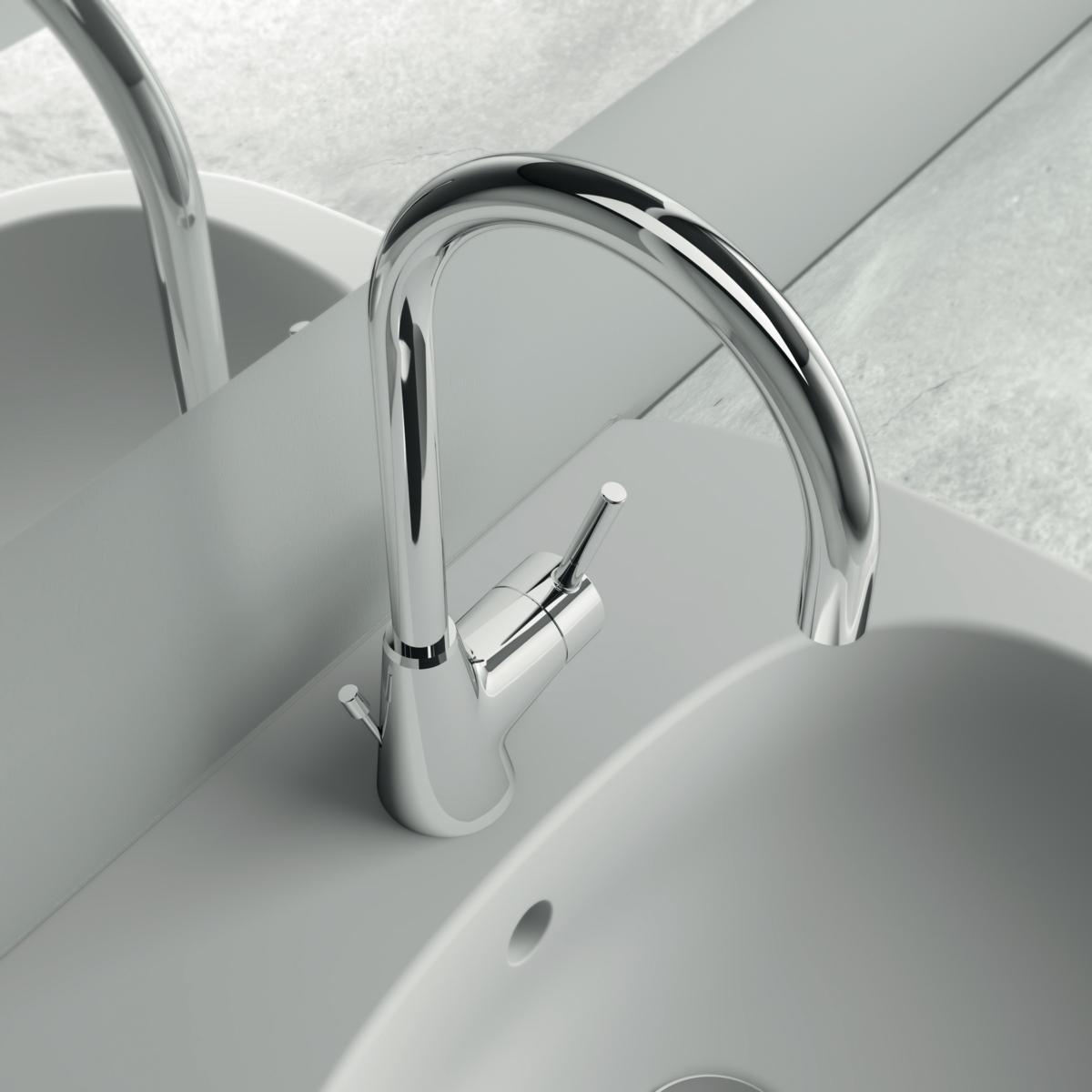Ideal Standard Ceraline Lavabo Bataryası 120x216x323 mm, 160 mm çıkış ucu projeksiyonu, 3.8 l/dk (3 bar), sifon kumandalı Krom uygulama örneği