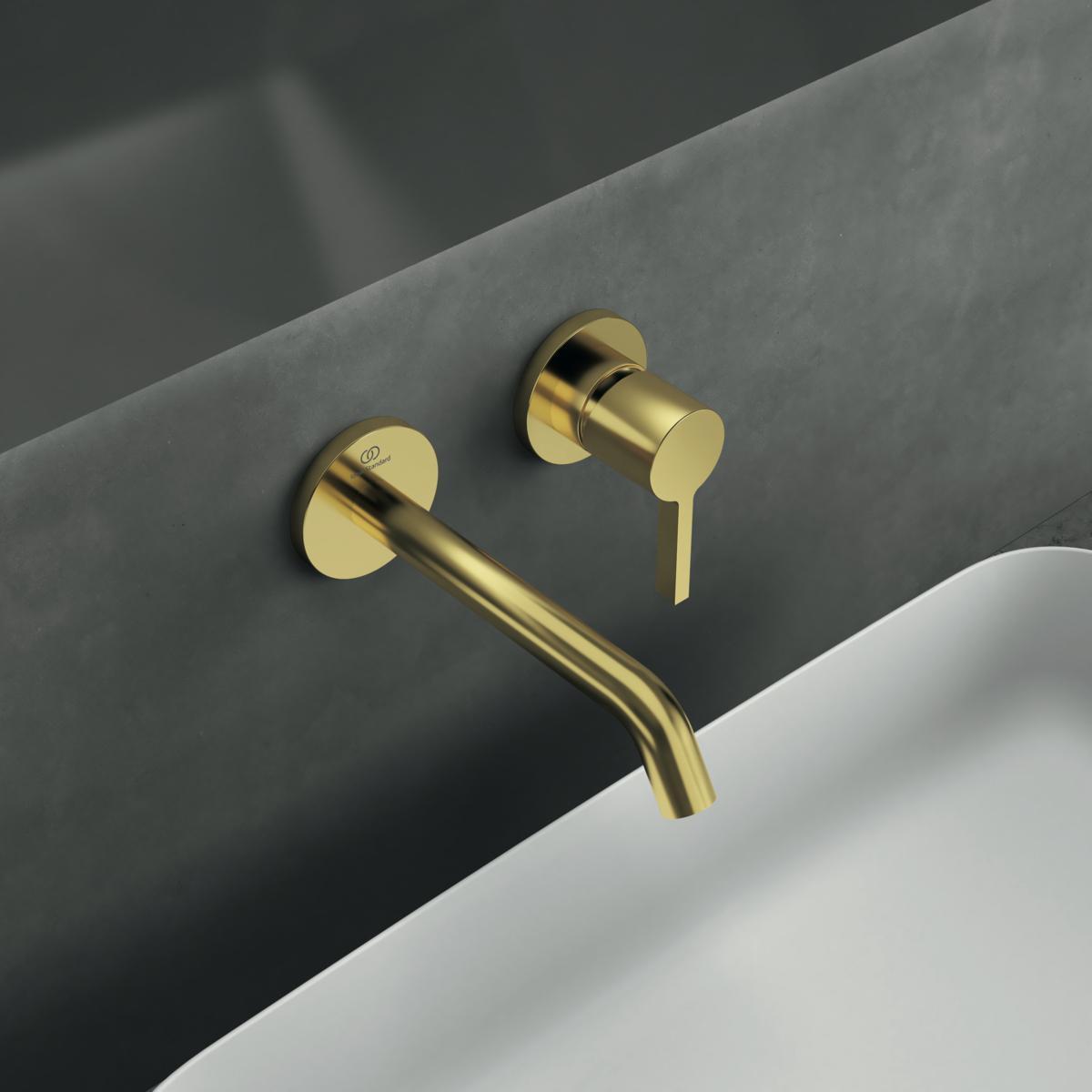 Ideal Standard Joy Duvara Monte Lavabo Armatürü 193x114.5 mm, 180 mm çıkış ucu projeksiyonu, Kit 1 gerekli (A1313), 5 l/dk (3 bar), sifon kumandasız Fırçalanmış Altın uygulama örneği