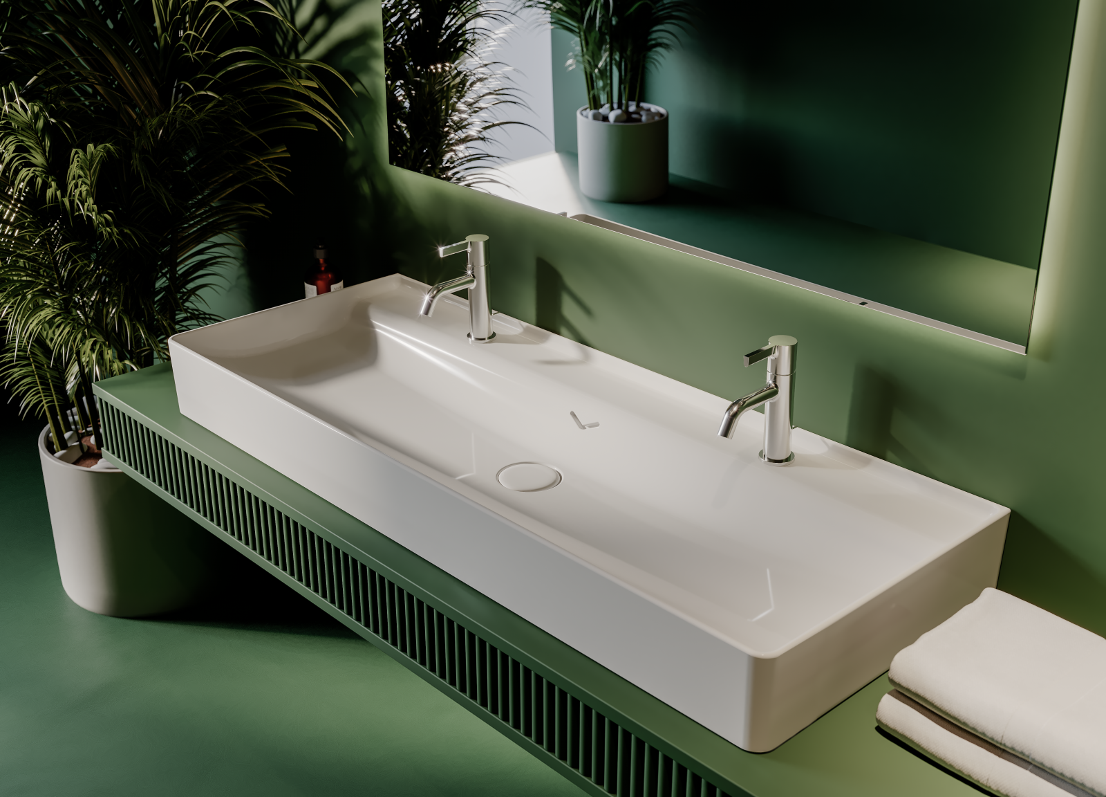 İsvea Vea Tezgah Üstü Lavabo 121 cm Çift Bataryalı Beyaz uygulama örneği