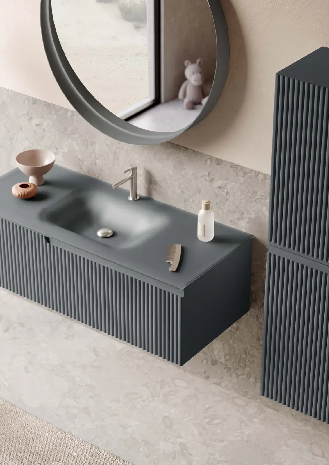 Orka Rate Collection MOONLIGHT TEK ÇEKMECELİ Banyo Dolabı Mat Antrasit Lake 70 cm uygulama örneği