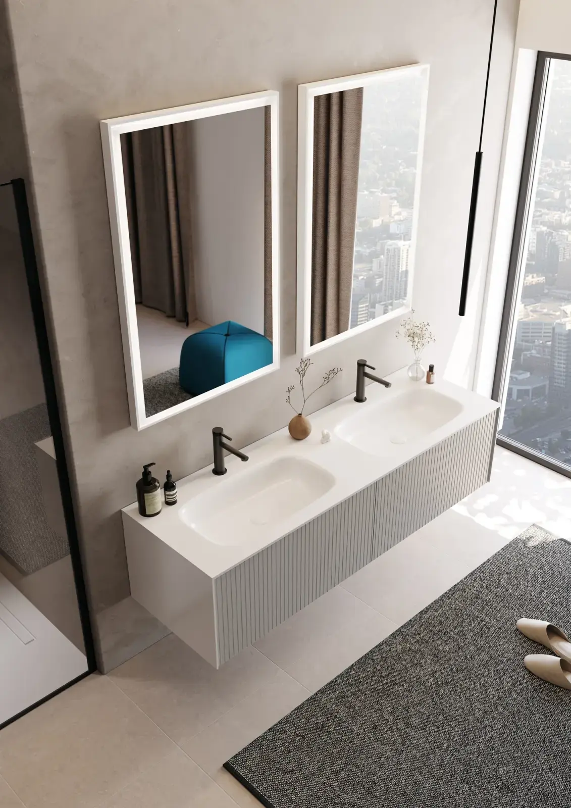 Orka Amorf Collection CUBE Çekmeceli Banyo Dolabı Mat Vizon Lake 80 cm uygulama örneği