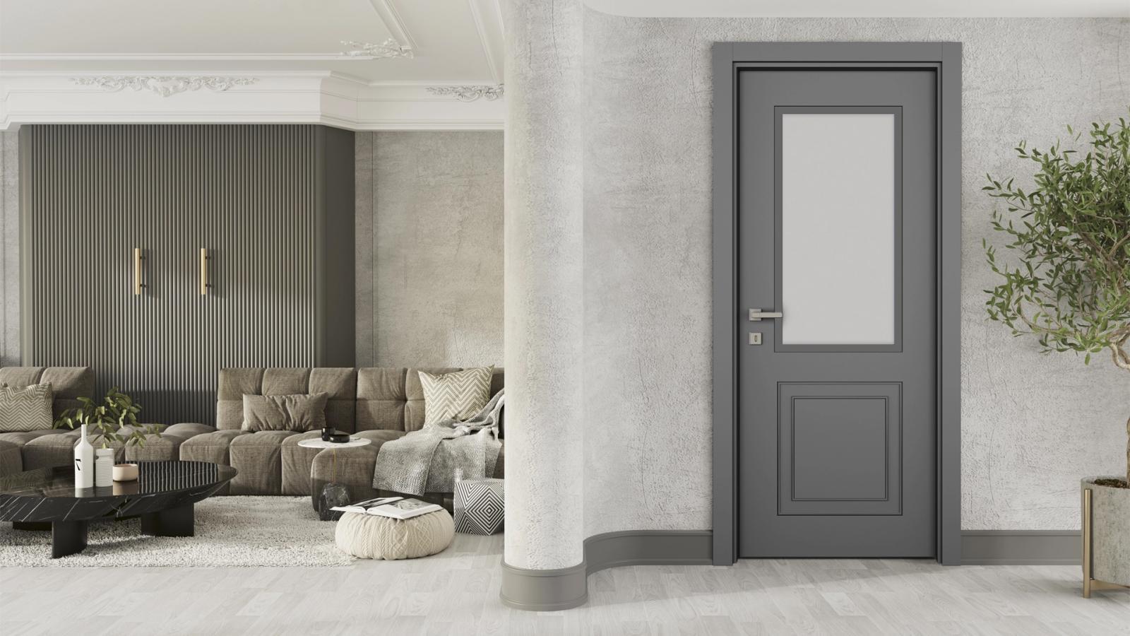 VARIODOR Alize Premium Luxury Haki Gri Camlı 45x198 PVC İç Kapı Yavru Kanat uygulama örneği