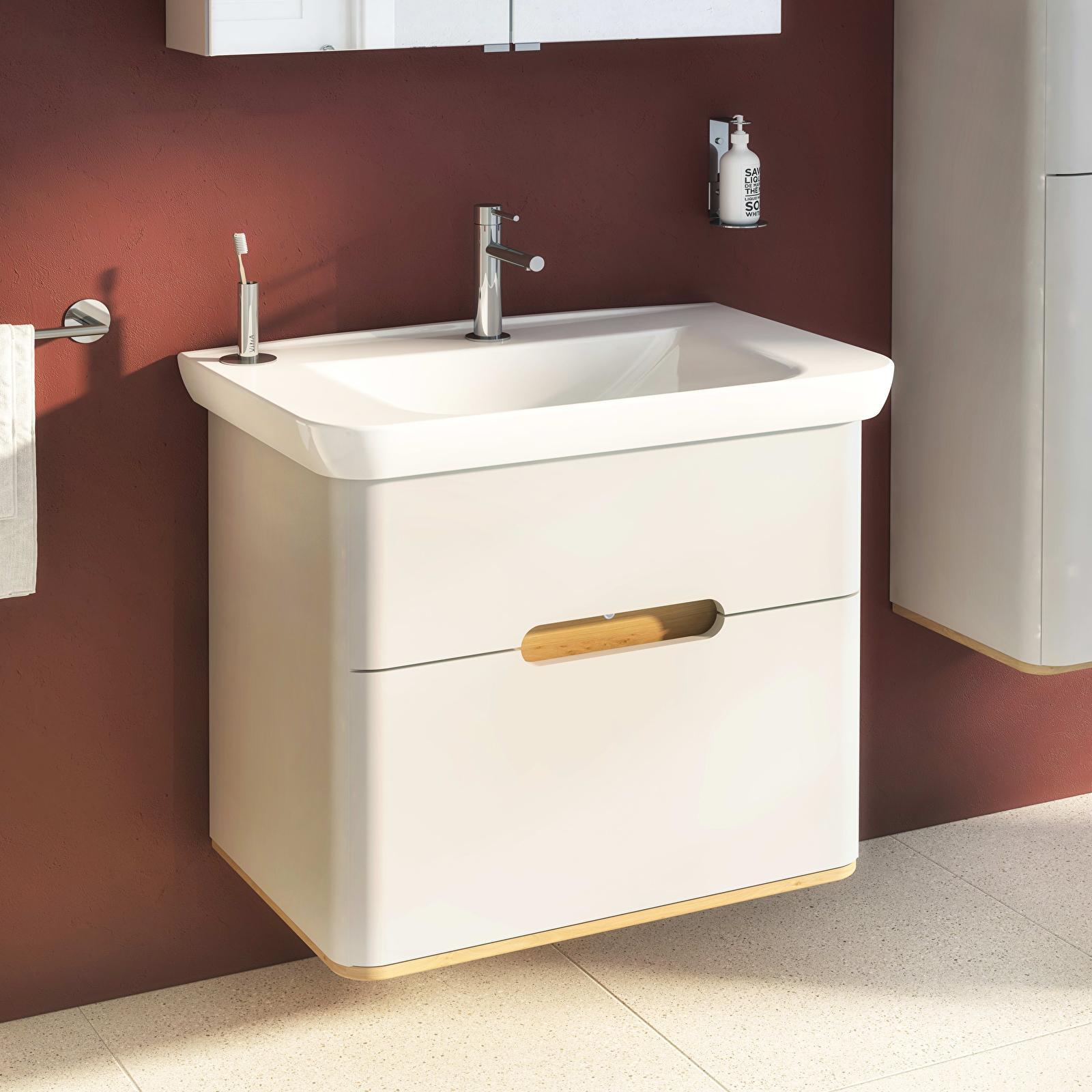 VitrA Sento Lavabo Dolabı — 80 cm, iki çekmeceli aydınlatmalı, mat açık gri uygulama örneği