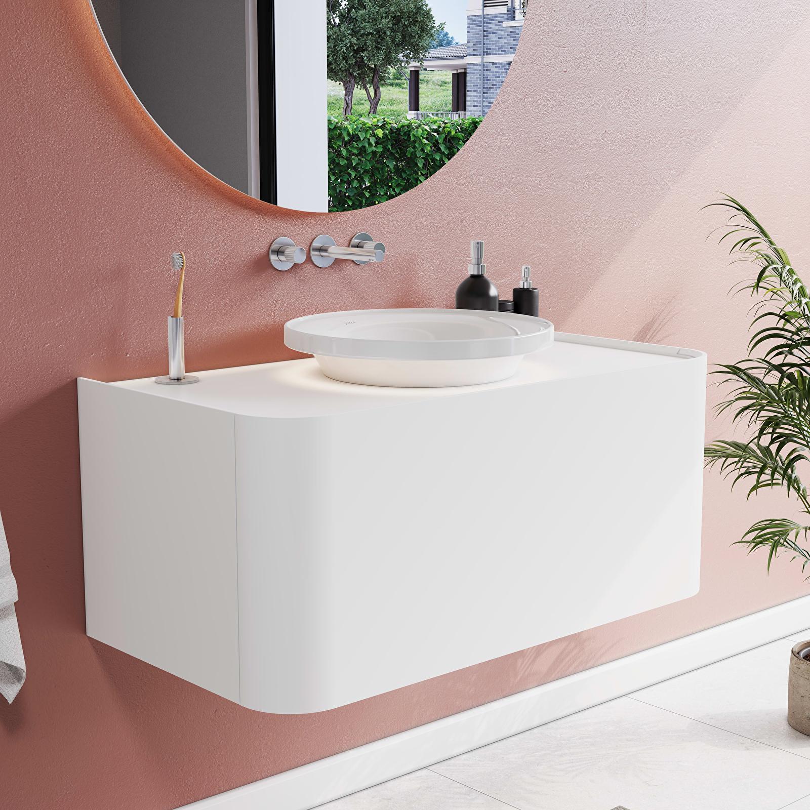 VitrA Glora Lavabo Dolabı — 100 cm, bir çekmeceli çanak lavabolu ve soft touch kaplamalı tezgahlı, mat beyaz uygulama örneği
