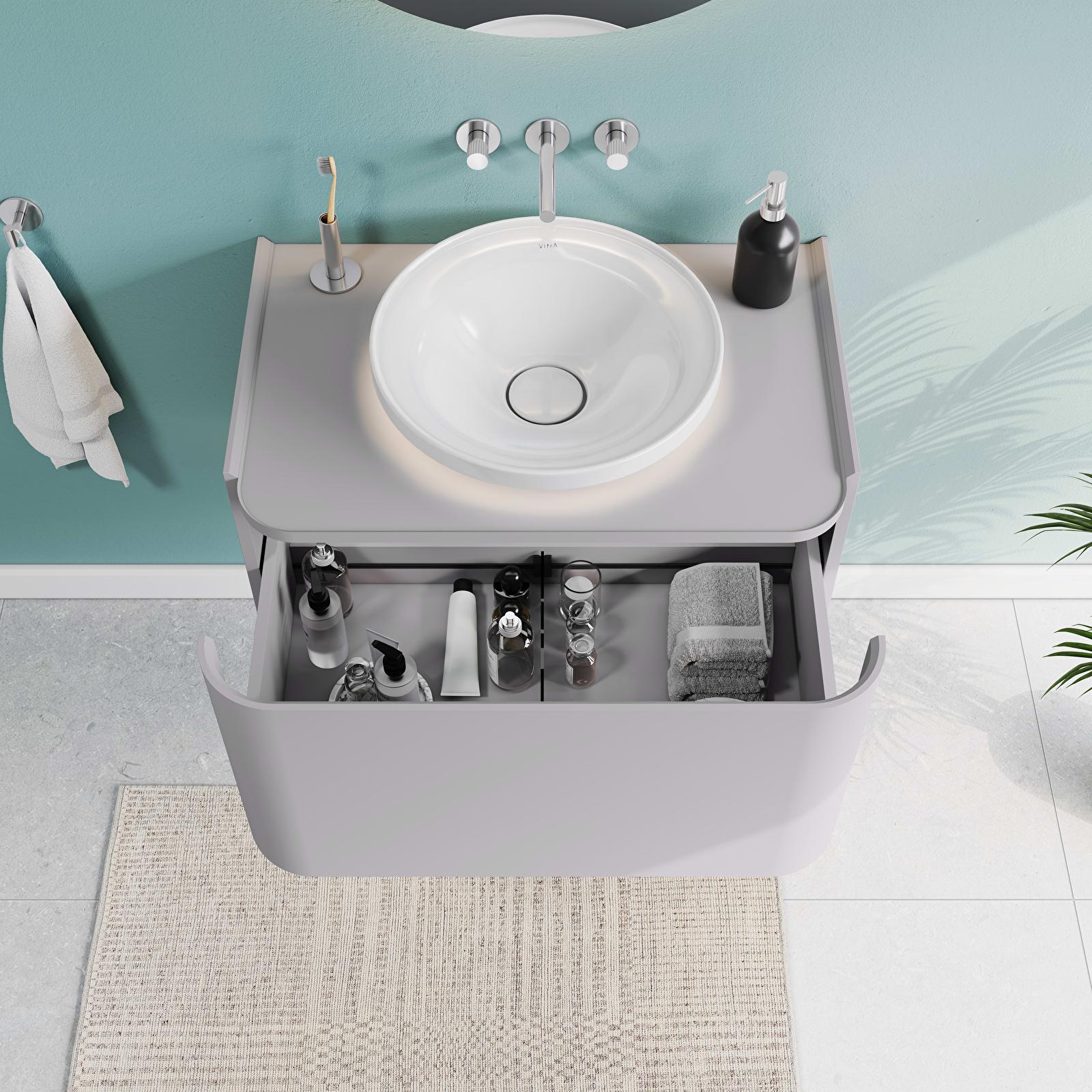 VitrA Glora Lavabo Dolabı — 80 cm, bir çekmeceli çanak lavabolu ve soft touch kaplamalı tezgahlı, mat taş gri uygulama örneği