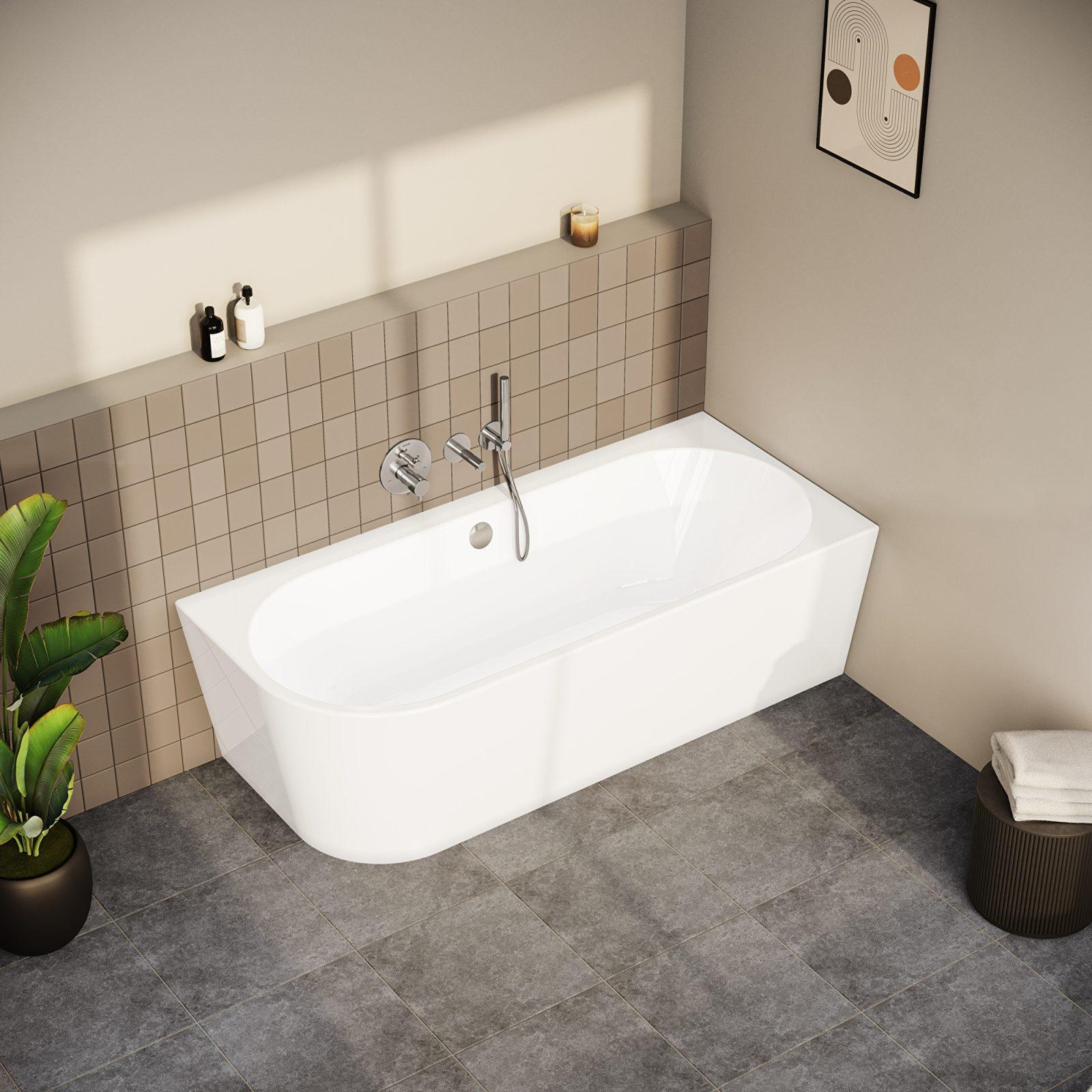 VitrA Geo Köşe Küvet — 180x80 cm, sağ, gizli taşmalı sifon, beyaz uygulama örneği