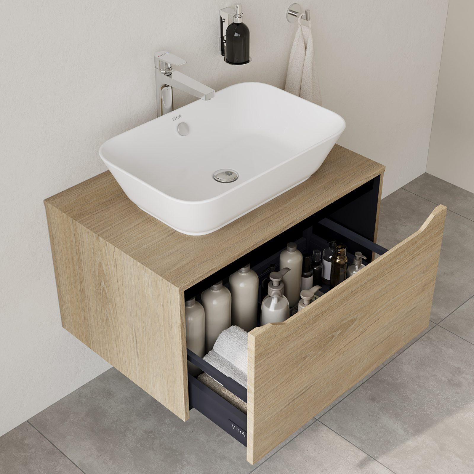 VitrA Integra Square Lavabo Dolabı — 80 cm, bir çekmeceli çanak lavabo uyumlu, altın meşe, lavabosuz uygulama örneği