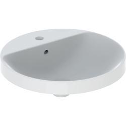 Geberit VariForm yuvarlak tezgah üstü lavabo, batarya banklı 48x48x18 cm Beyaz deliği=Orta Taşma=görünür simetrik