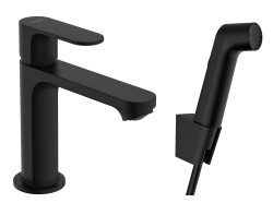 hansgrohe Rebris S Tek kollu lavabo bataryası 110 bidette el duşu ve duş hortumu 160cm kumandasız Satin Siyah