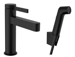hansgrohe Finoris Tek kollu lavabo bataryası 110, bidette el duşu ve 160 cm duş hortumu ile Satin Siyah